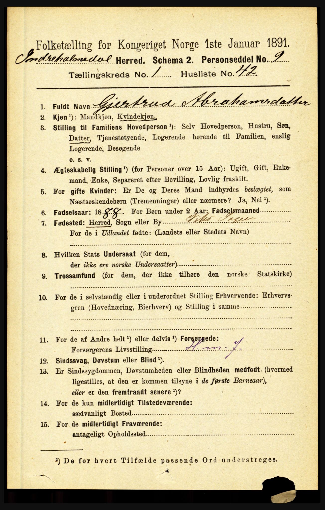 RA, 1891 census for 1430 Indre Holmedal, 1891, p. 396