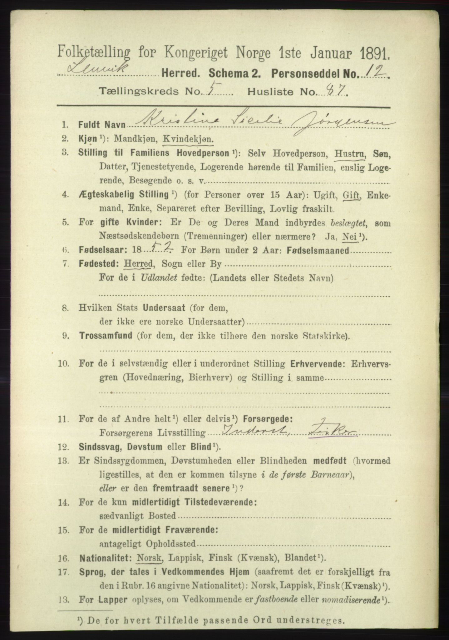 RA, 1891 census for 1931 Lenvik, 1891, p. 3159