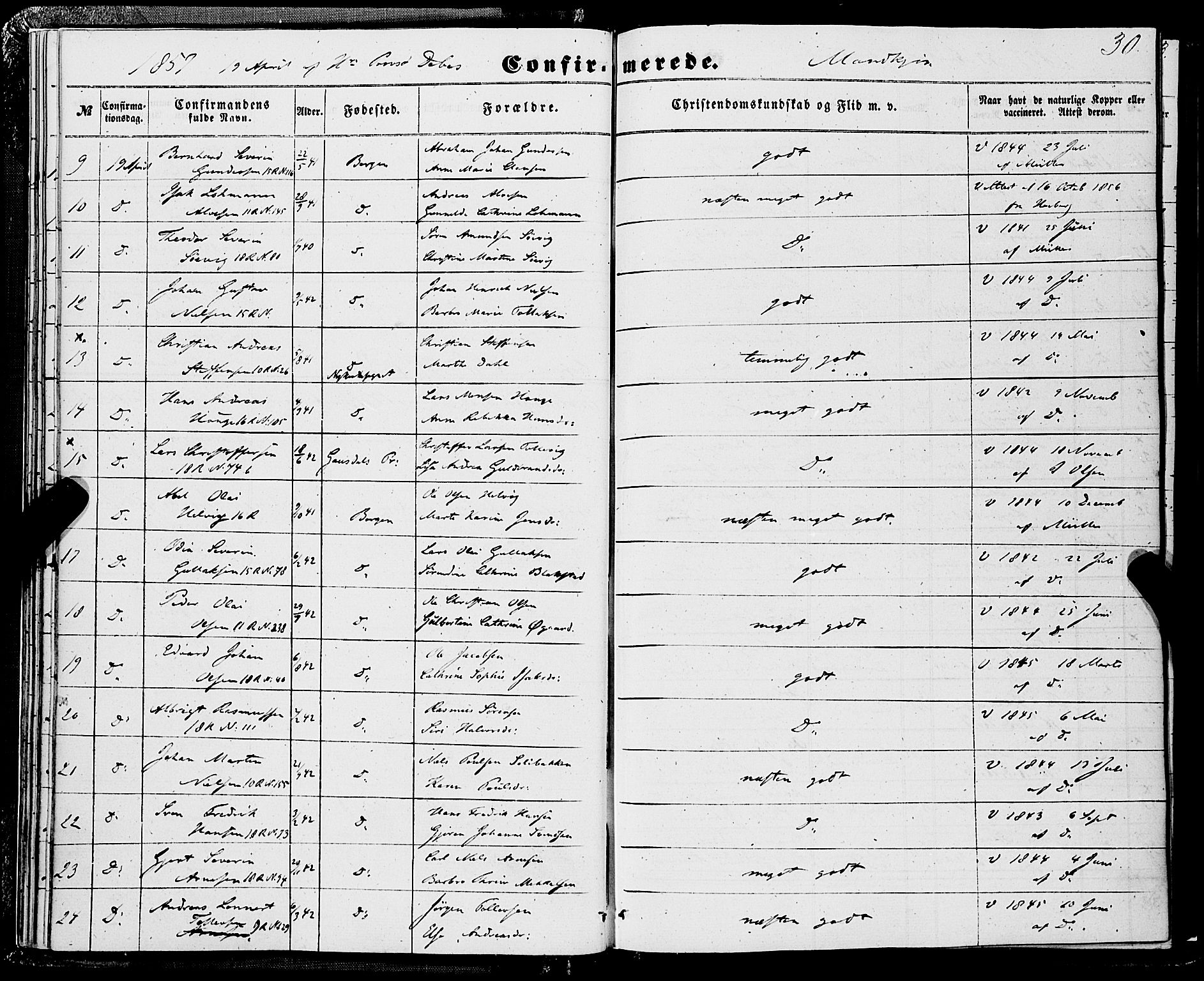 Domkirken sokneprestembete, AV/SAB-A-74801/H/Haa/L0028: Parish register (official) no. C 3, 1852-1864, p. 30