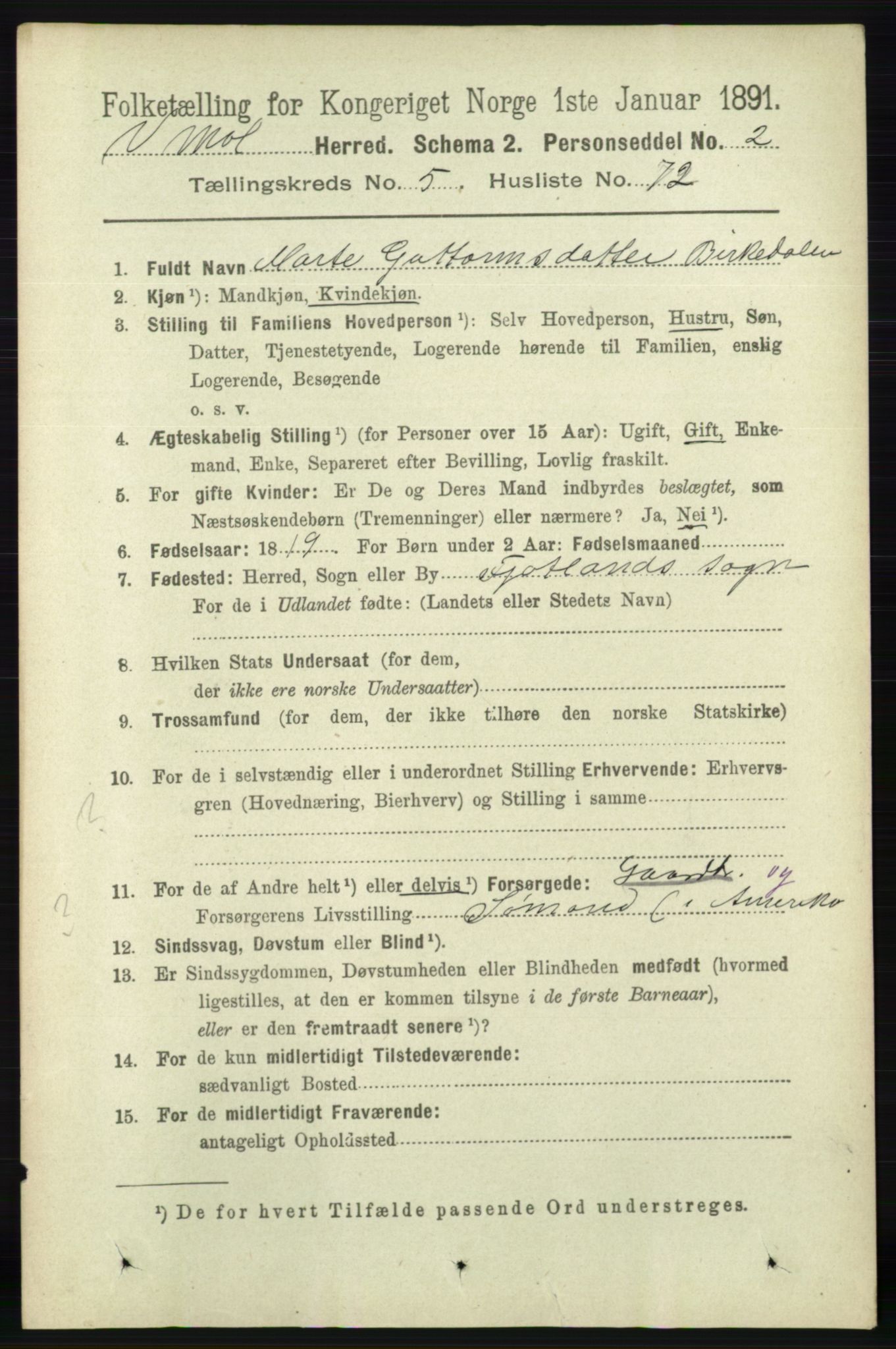 RA, 1891 census for 0926 Vestre Moland, 1891, p. 2222