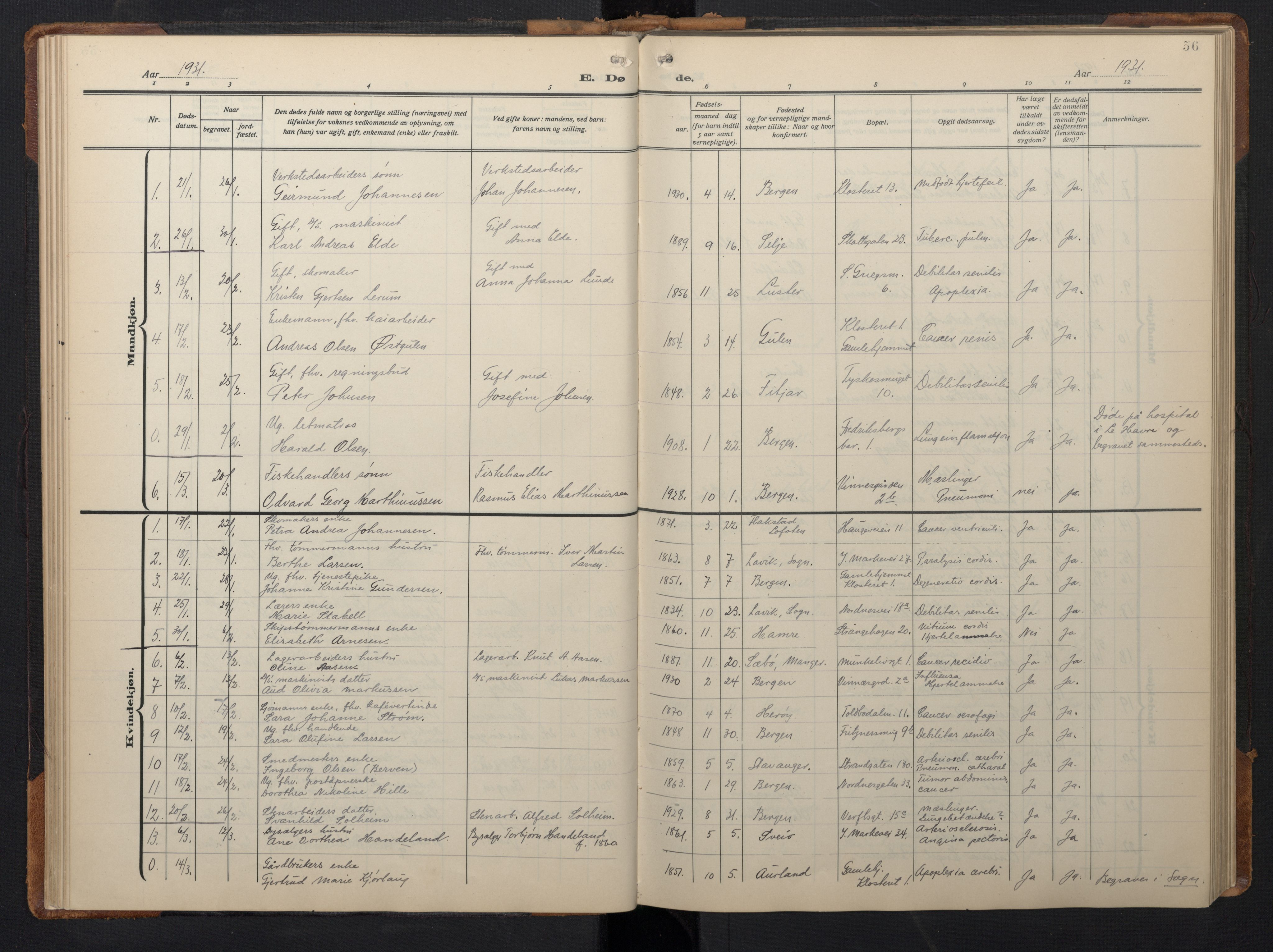 Nykirken Sokneprestembete, SAB/A-77101/H/Hab: Parish register (copy) no. E 3, 1924-1947, p. 55b-56a
