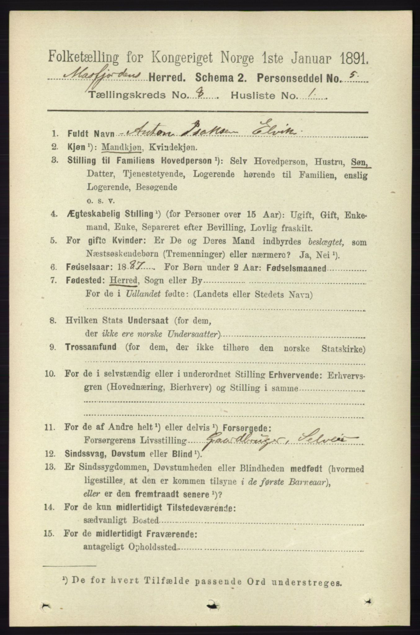 RA, 1891 census for 1266 Masfjorden, 1891, p. 1537