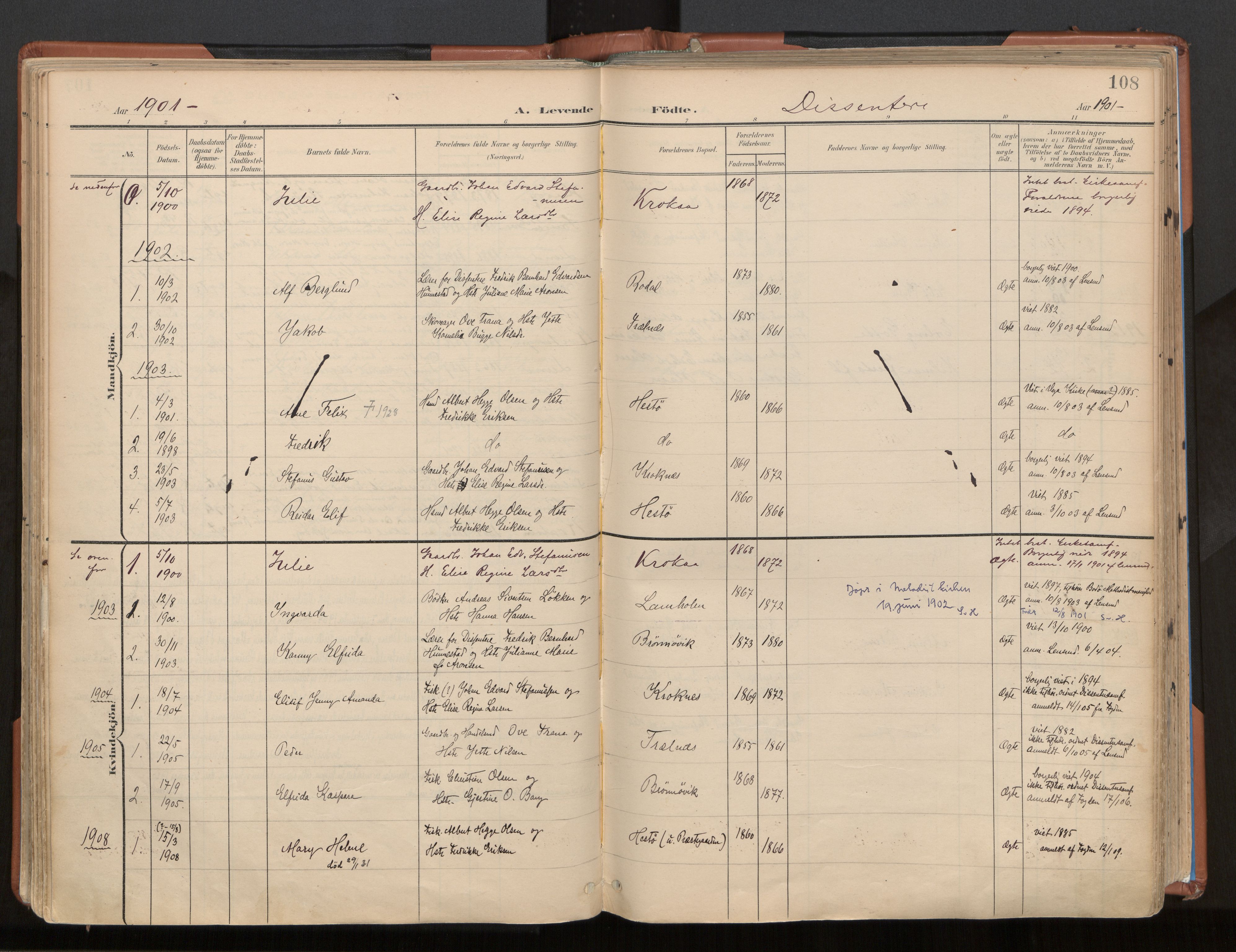 Ministerialprotokoller, klokkerbøker og fødselsregistre - Nordland, SAT/A-1459/813/L0201: Parish register (official) no. 813A11, 1901-1918, p. 108