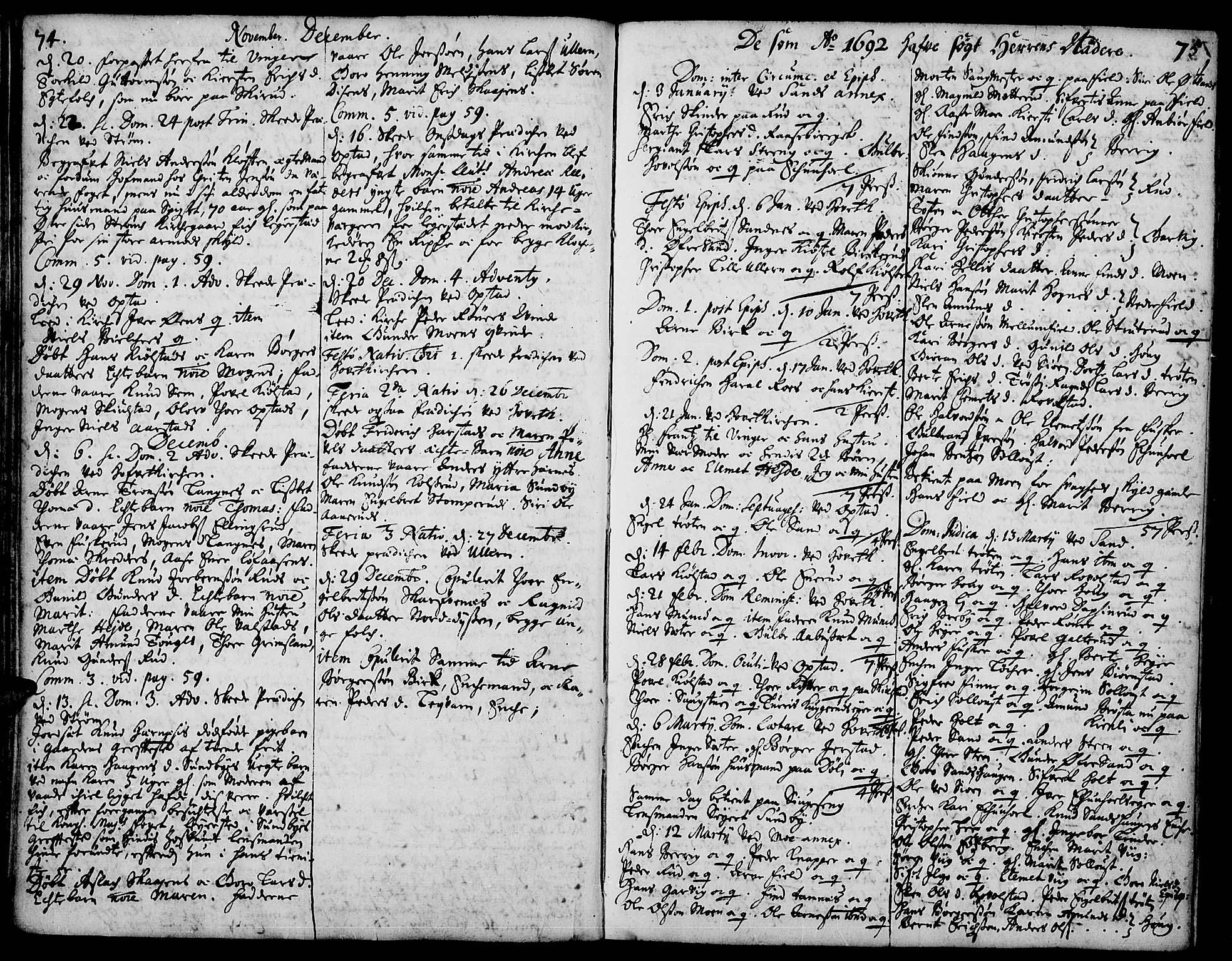 Strøm-Odalen prestekontor, SAH/PREST-028/H/Ha/Haa/L0001: Parish register (official) no. 1, 1689-1715, p. 74-75