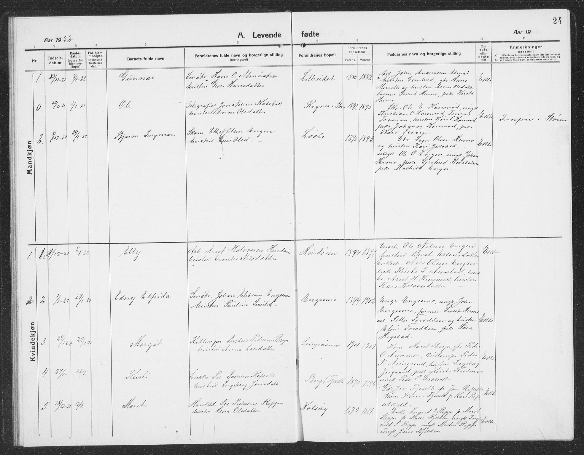 Ministerialprotokoller, klokkerbøker og fødselsregistre - Sør-Trøndelag, SAT/A-1456/688/L1030: Parish register (copy) no. 688C05, 1916-1939, p. 24