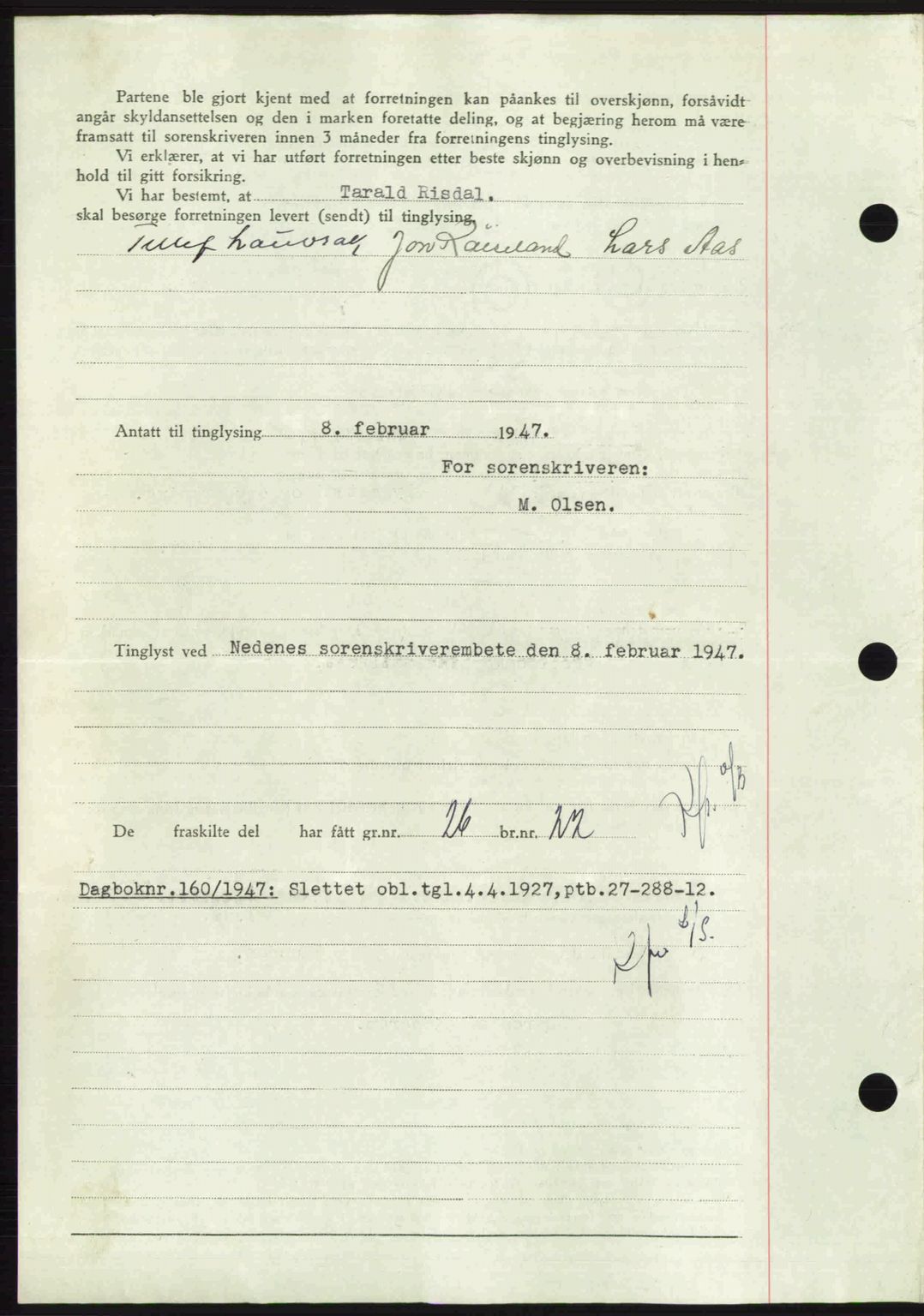 Nedenes sorenskriveri, SAK/1221-0006/G/Gb/Gba/L0056: Mortgage book no. A8, 1946-1947, Diary no: : 159/1947