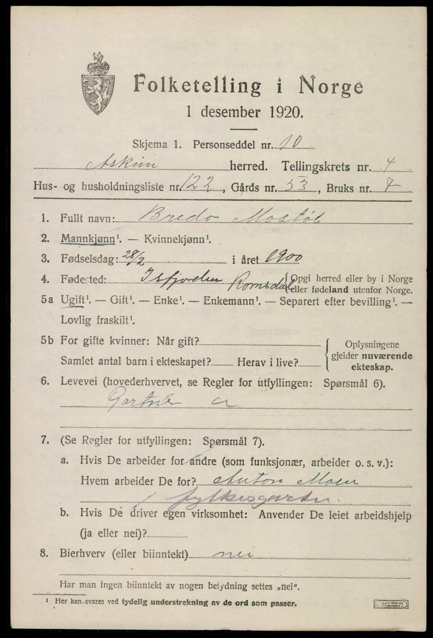 SAO, 1920 census for Askim, 1920, p. 9465