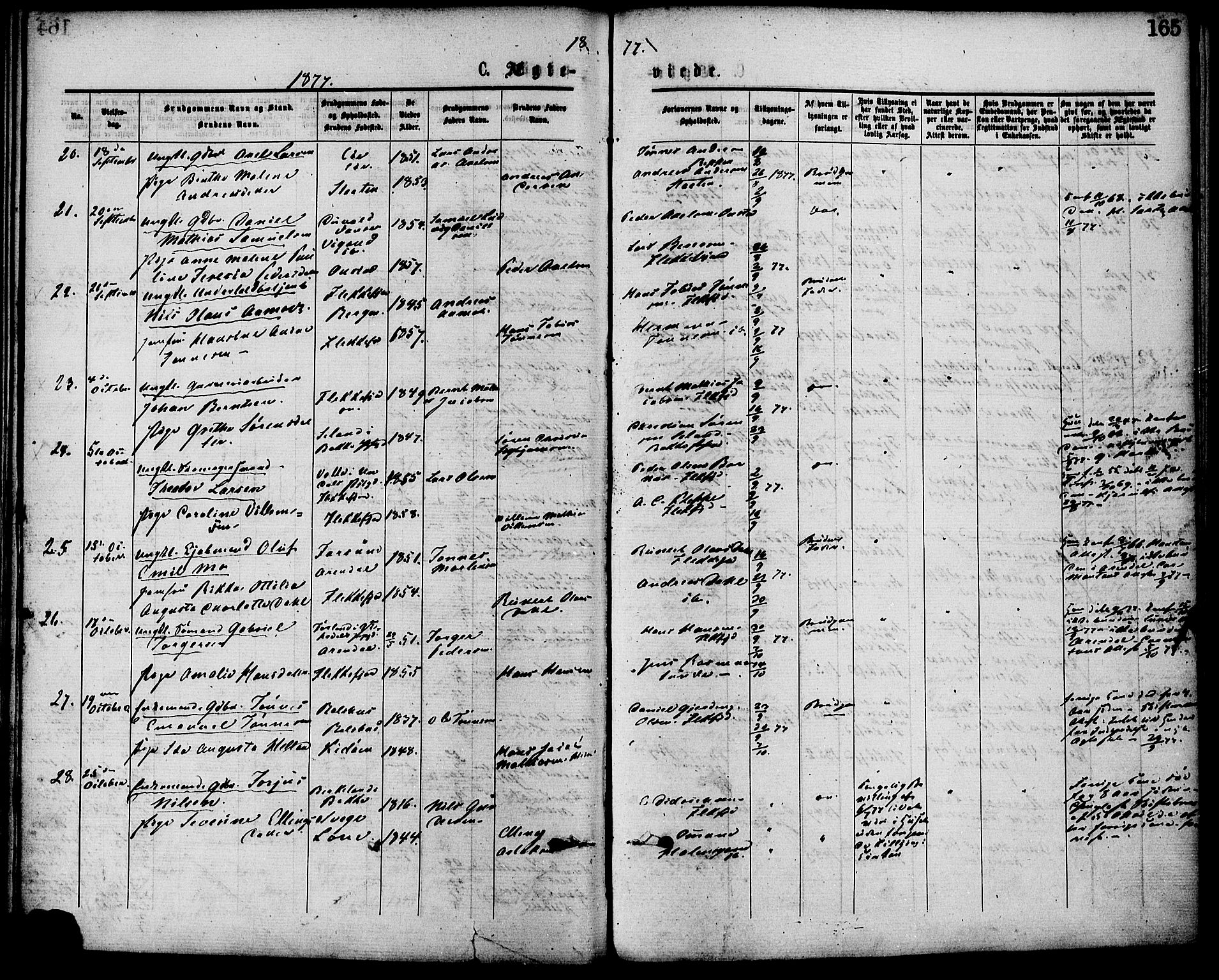 Flekkefjord sokneprestkontor, SAK/1111-0012/F/Fa/Fac/L0007: Parish register (official) no. A 7, 1875-1885, p. 165