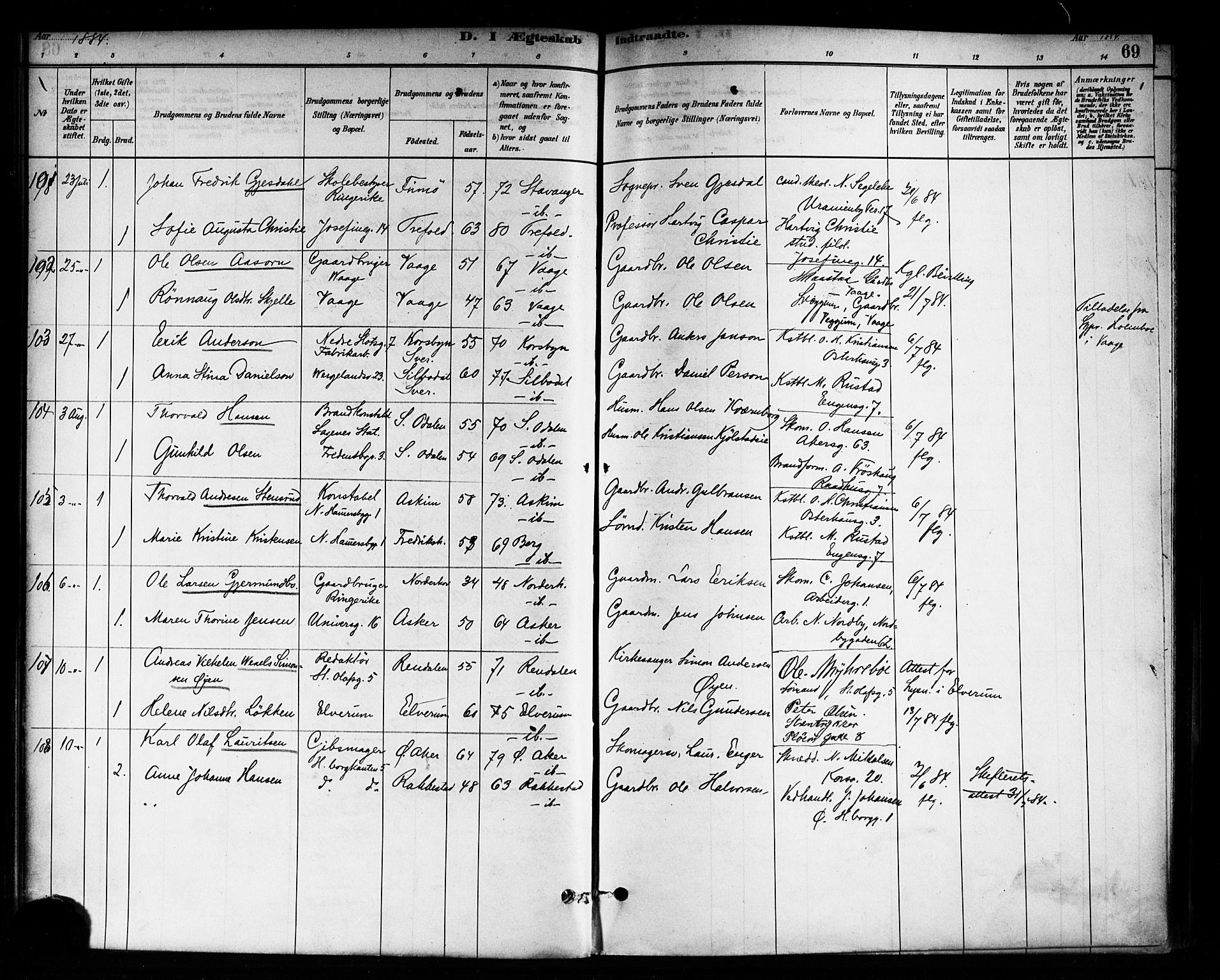 Trefoldighet prestekontor Kirkebøker, SAO/A-10882/F/Fc/L0003: Parish register (official) no. III 3, 1881-1891, p. 69