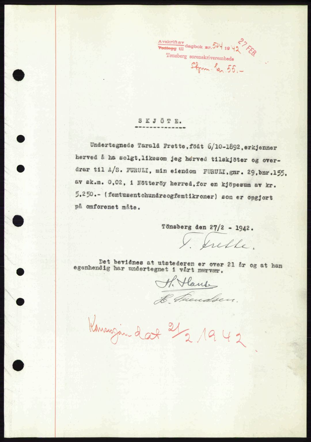 Tønsberg sorenskriveri, AV/SAKO-A-130/G/Ga/Gaa/L0011: Mortgage book no. A11, 1941-1942, Diary no: : 504/1942