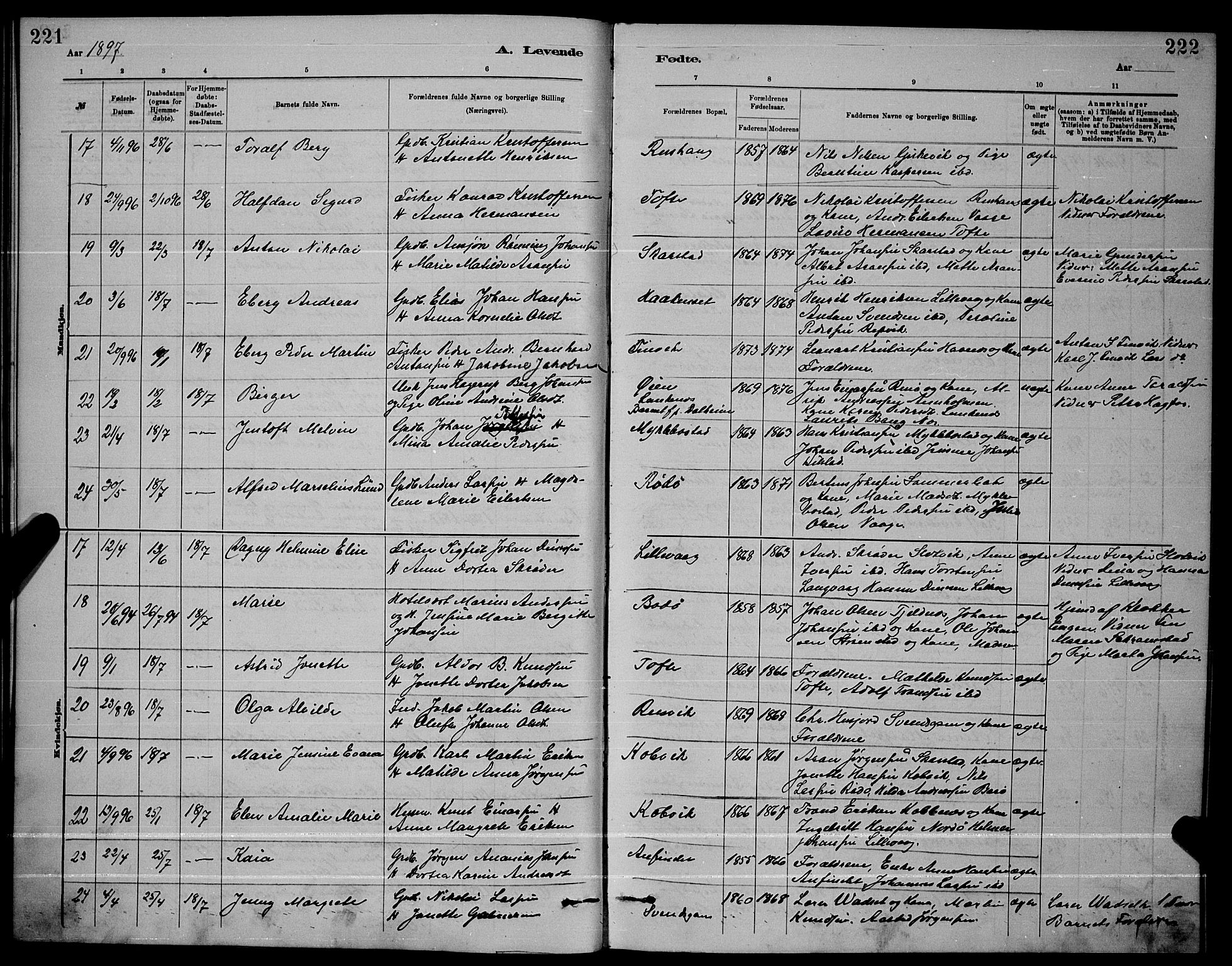 Ministerialprotokoller, klokkerbøker og fødselsregistre - Nordland, AV/SAT-A-1459/872/L1047: Parish register (copy) no. 872C03, 1880-1897, p. 221-222