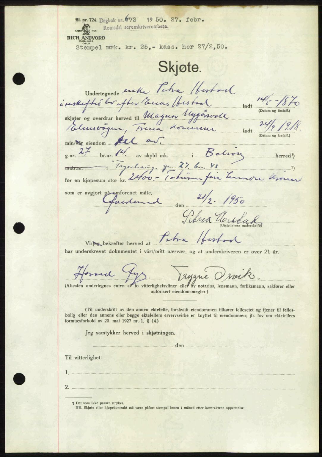 Romsdal sorenskriveri, AV/SAT-A-4149/1/2/2C: Mortgage book no. A32, 1950-1950, Diary no: : 672/1950