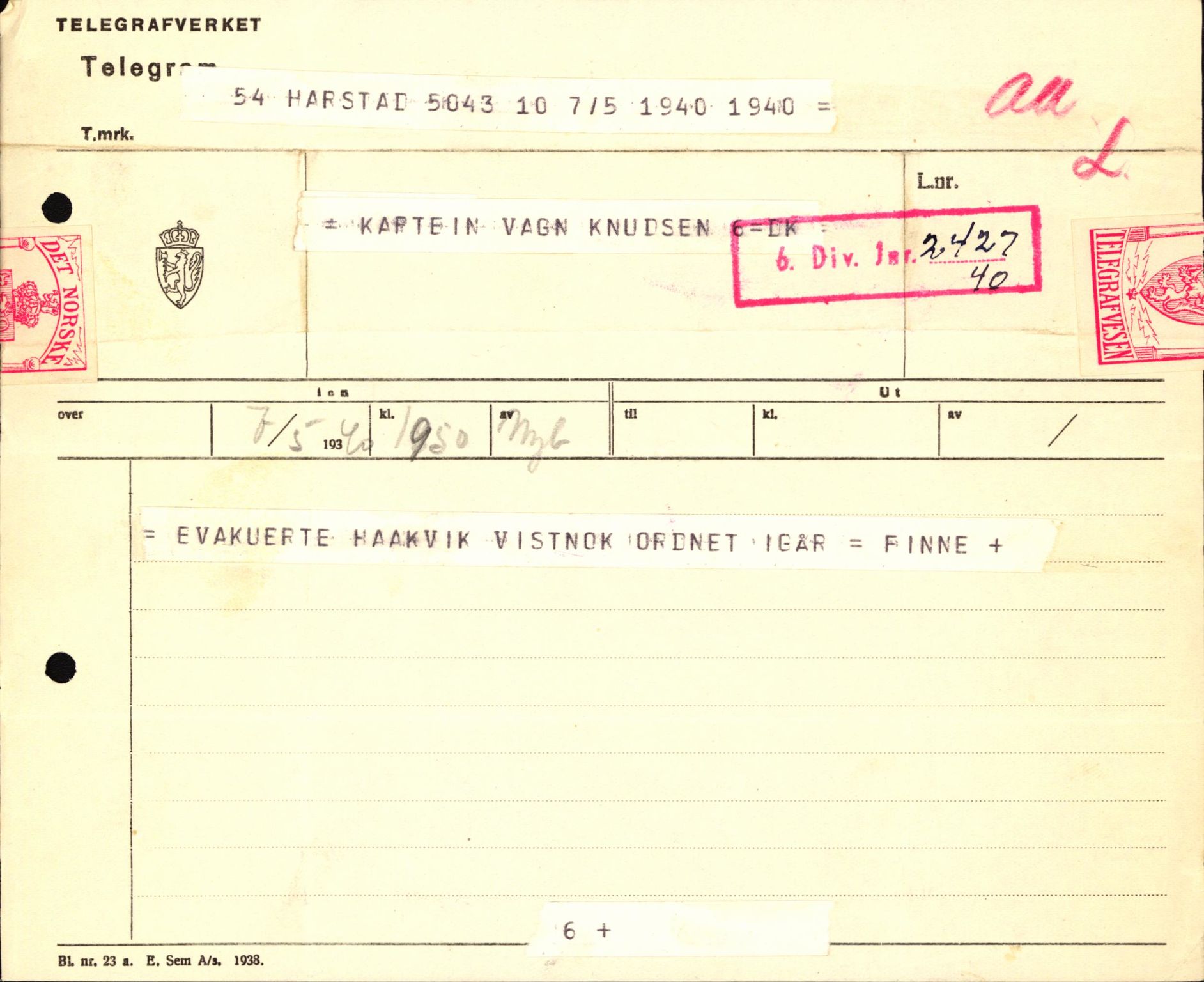 Forsvaret, Forsvarets krigshistoriske avdeling, AV/RA-RAFA-2017/Y/Yb/L0123: II-C-11-600  -  6. Divisjon med avdelinger, 1940, p. 449