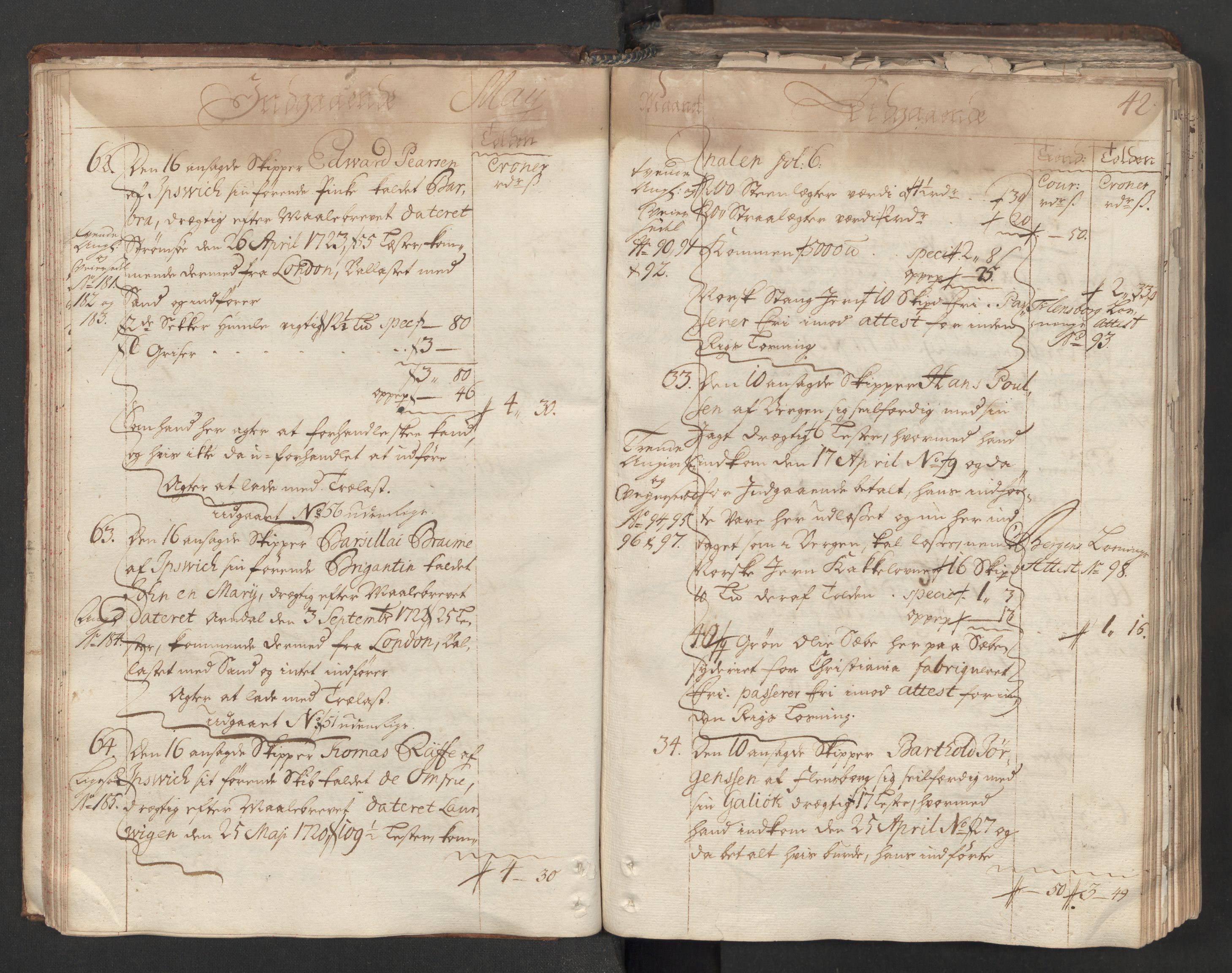 Generaltollkammeret, tollregnskaper, AV/RA-EA-5490/R06/L0012/0001: Tollregnskaper Kristiania / Hovedtollbok, 1731, p. 41b-42a