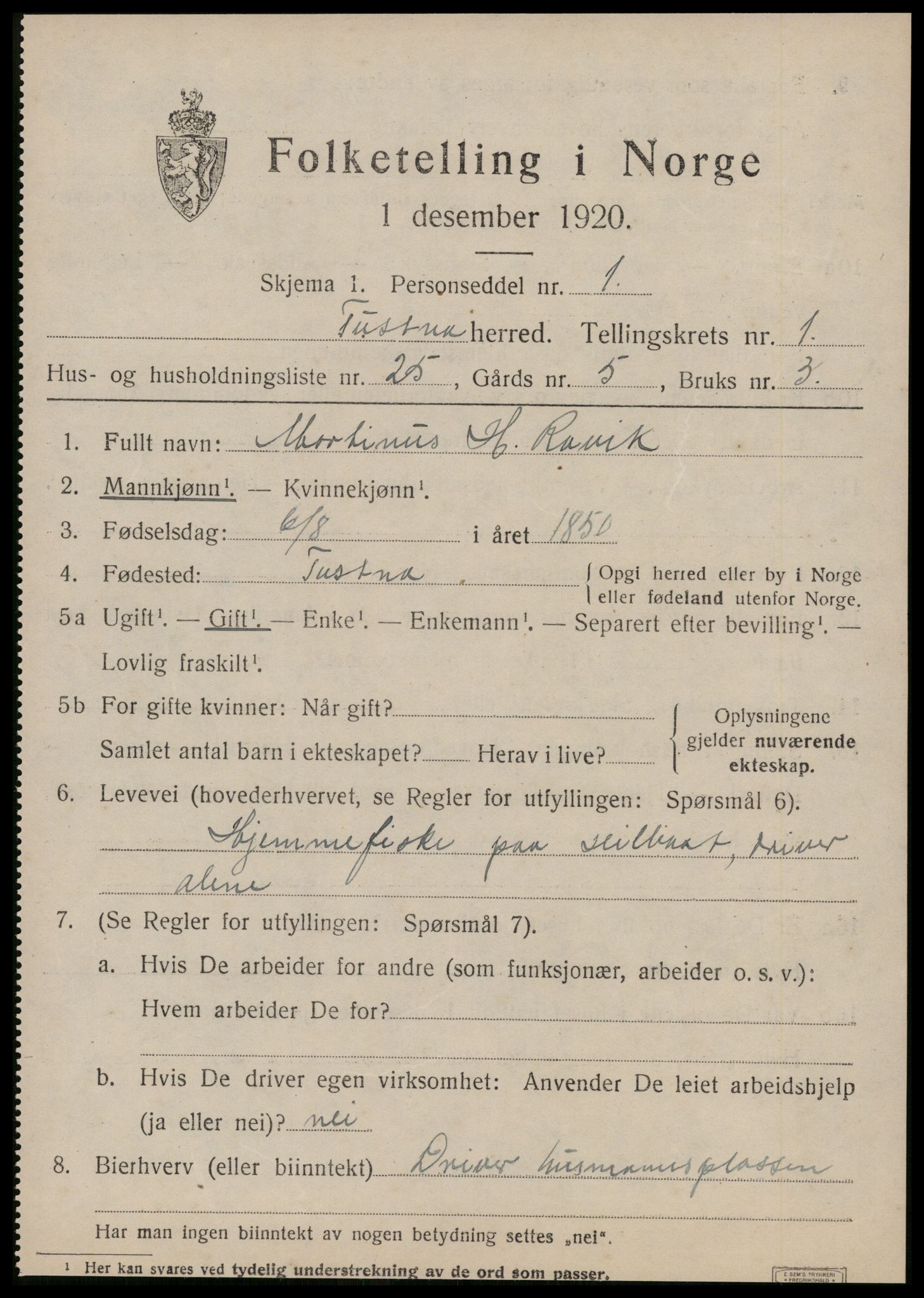 SAT, 1920 census for Tustna, 1920, p. 889