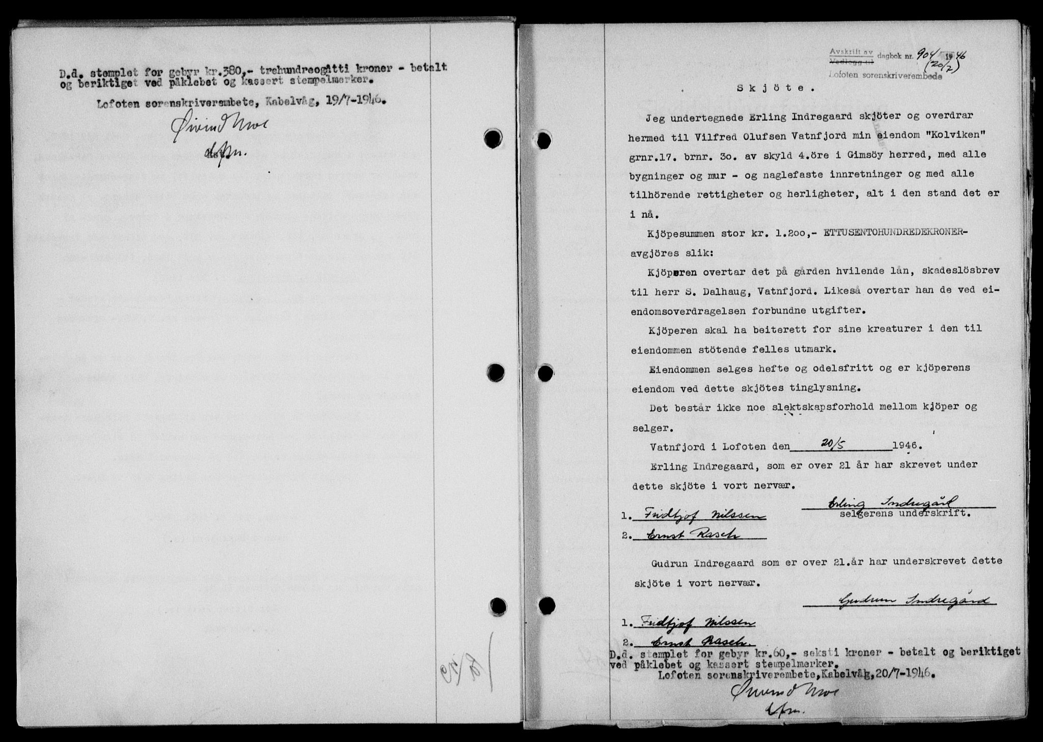 Lofoten sorenskriveri, SAT/A-0017/1/2/2C/L0014a: Mortgage book no. 14a, 1946-1946, Diary no: : 904/1946