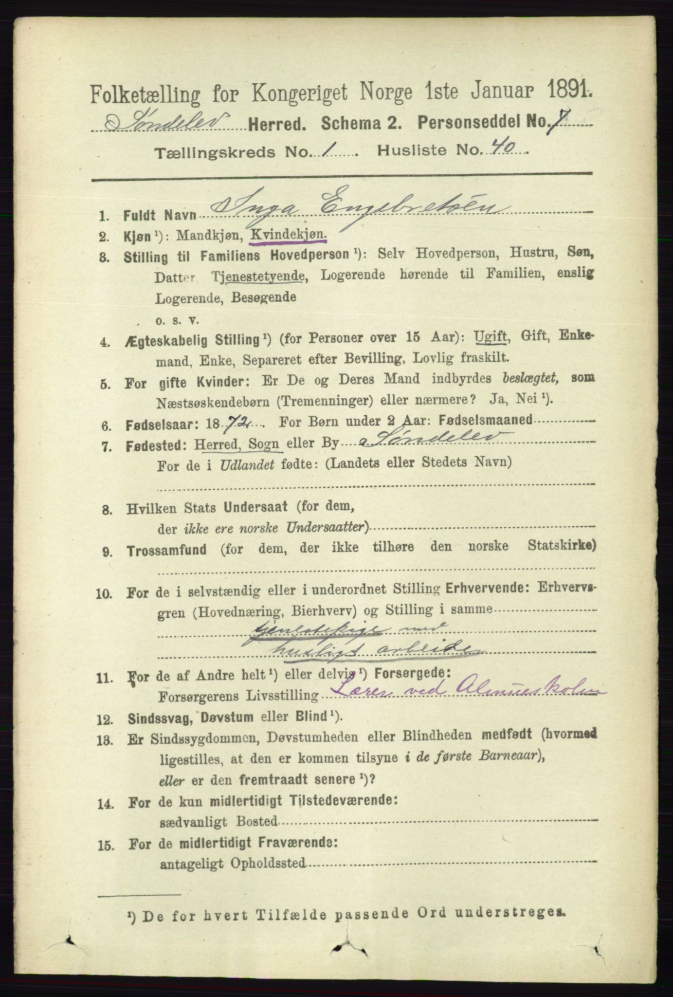 RA, 1891 census for 0913 Søndeled, 1891, p. 348