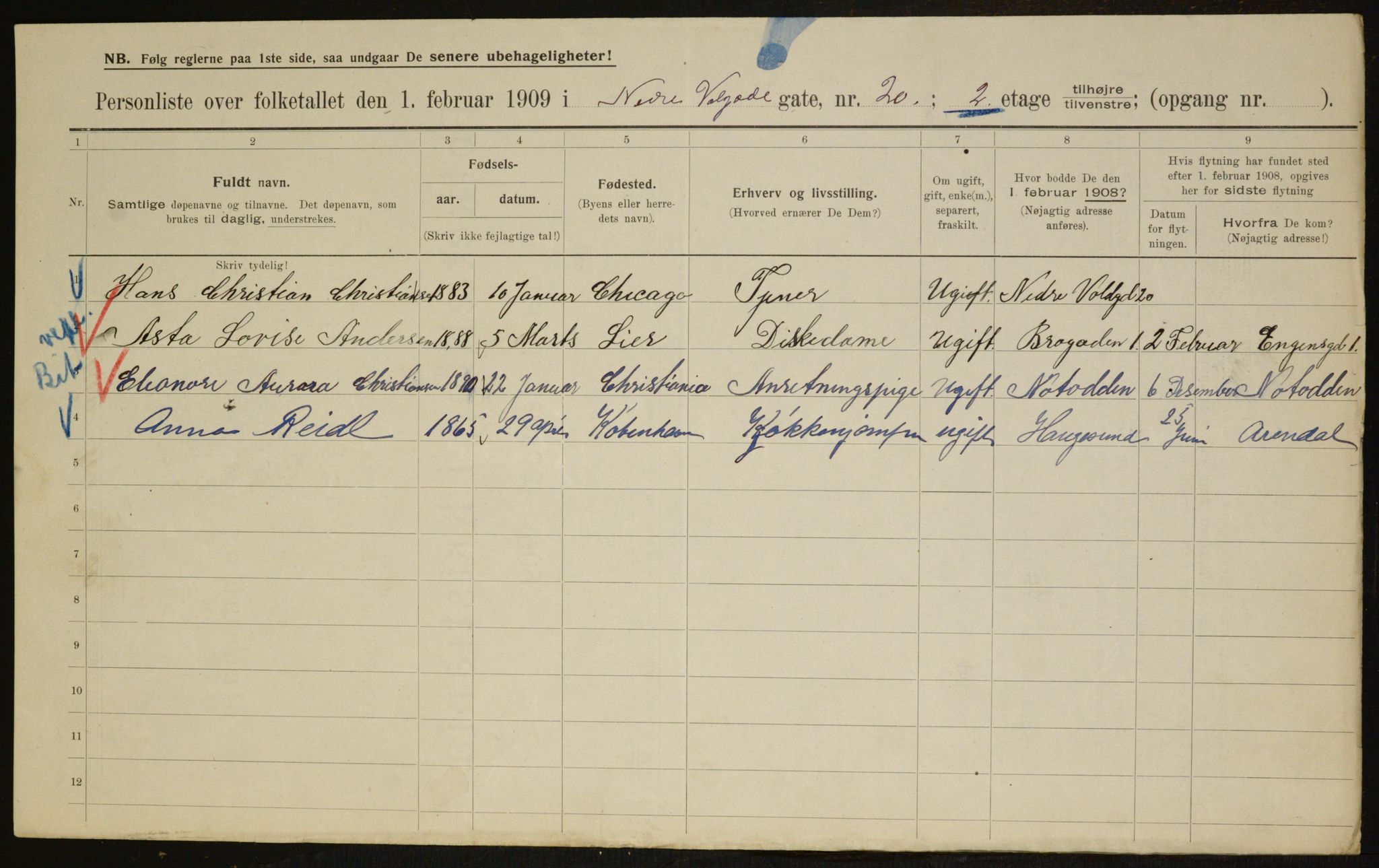 OBA, Municipal Census 1909 for Kristiania, 1909, p. 63155