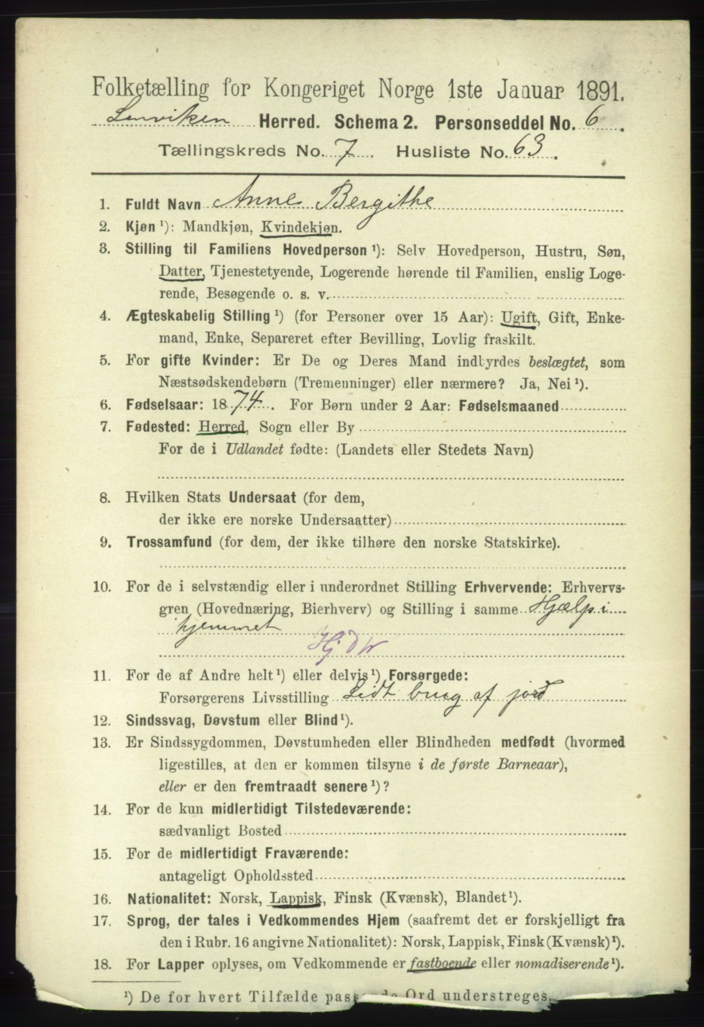 RA, 1891 census for 1931 Lenvik, 1891, p. 4166