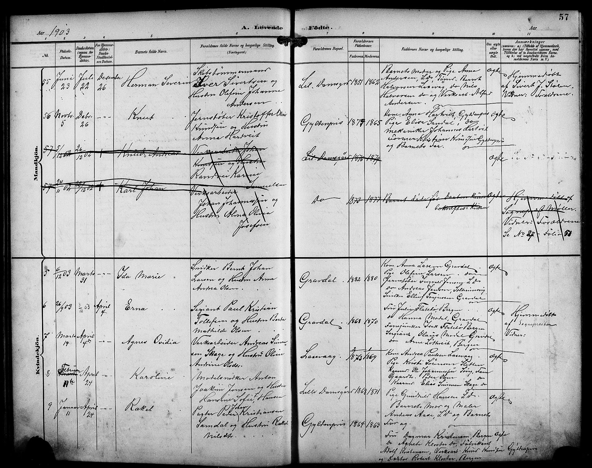 Laksevåg Sokneprestembete, SAB/A-76501/H/Ha/Hab/Haba/L0004: Parish register (copy) no. A 4, 1899-1909, p. 57