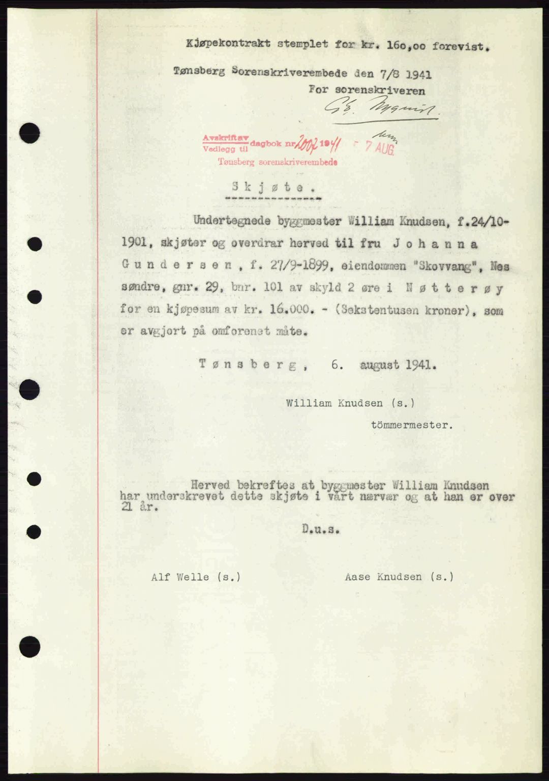 Tønsberg sorenskriveri, AV/SAKO-A-130/G/Ga/Gaa/L0010: Mortgage book no. A10, 1941-1941, Diary no: : 2007/1941