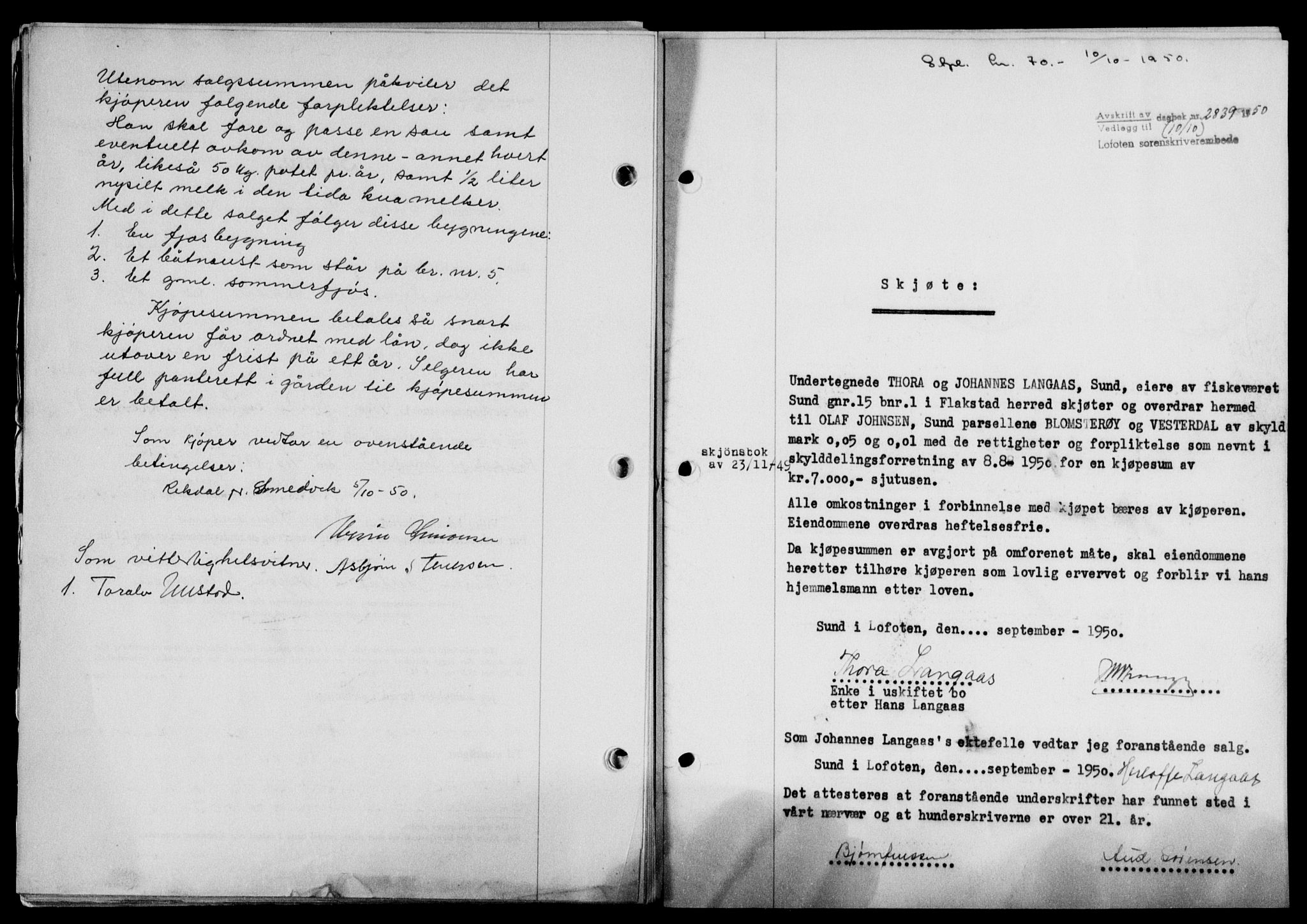 Lofoten sorenskriveri, SAT/A-0017/1/2/2C/L0024a: Mortgage book no. 24a, 1950-1950, Diary no: : 2839/1950