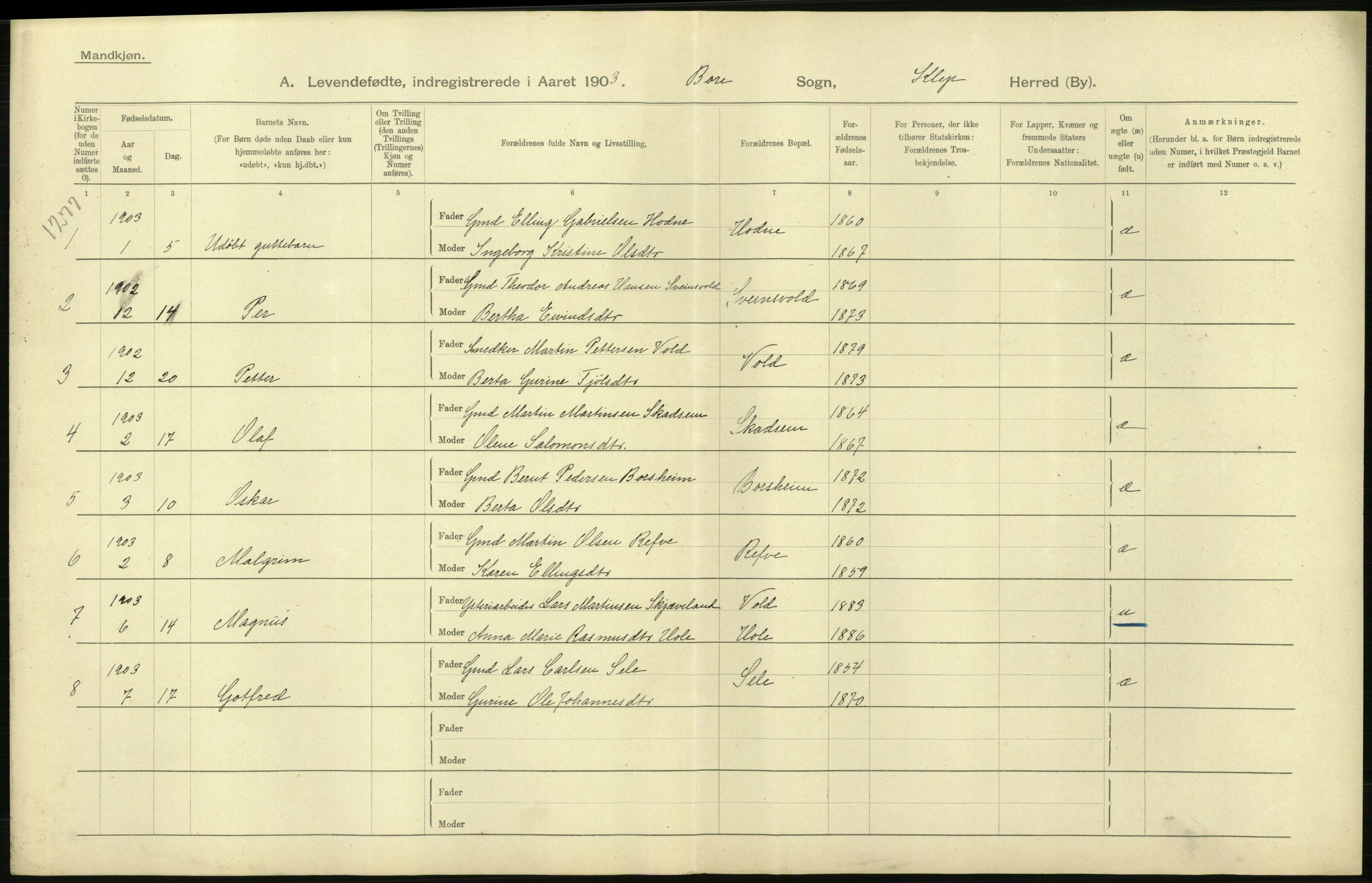 Statistisk sentralbyrå, Sosiodemografiske emner, Befolkning, AV/RA-S-2228/D/Df/Dfa/Dfaa/L0012: Stavanger amt: Fødte, gifte, døde, 1903, p. 38