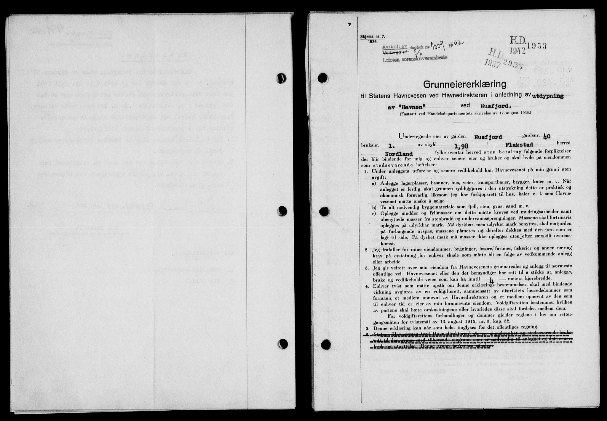 Lofoten sorenskriveri, SAT/A-0017/1/2/2C/L0010a: Mortgage book no. 10a, 1942-1943, Diary no: : 1009/1942