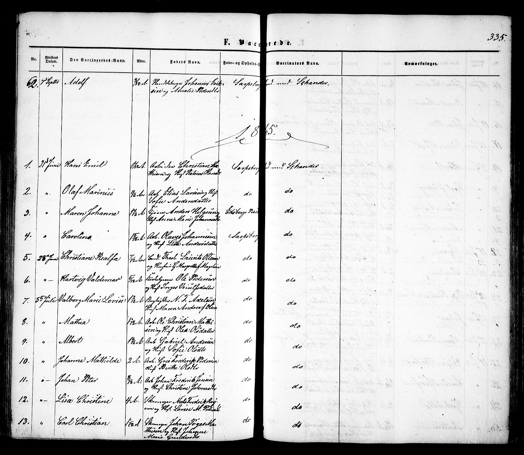 Sarpsborg prestekontor Kirkebøker, SAO/A-2006/F/Fa/L0001: Parish register (official) no. 1, 1859-1868, p. 335