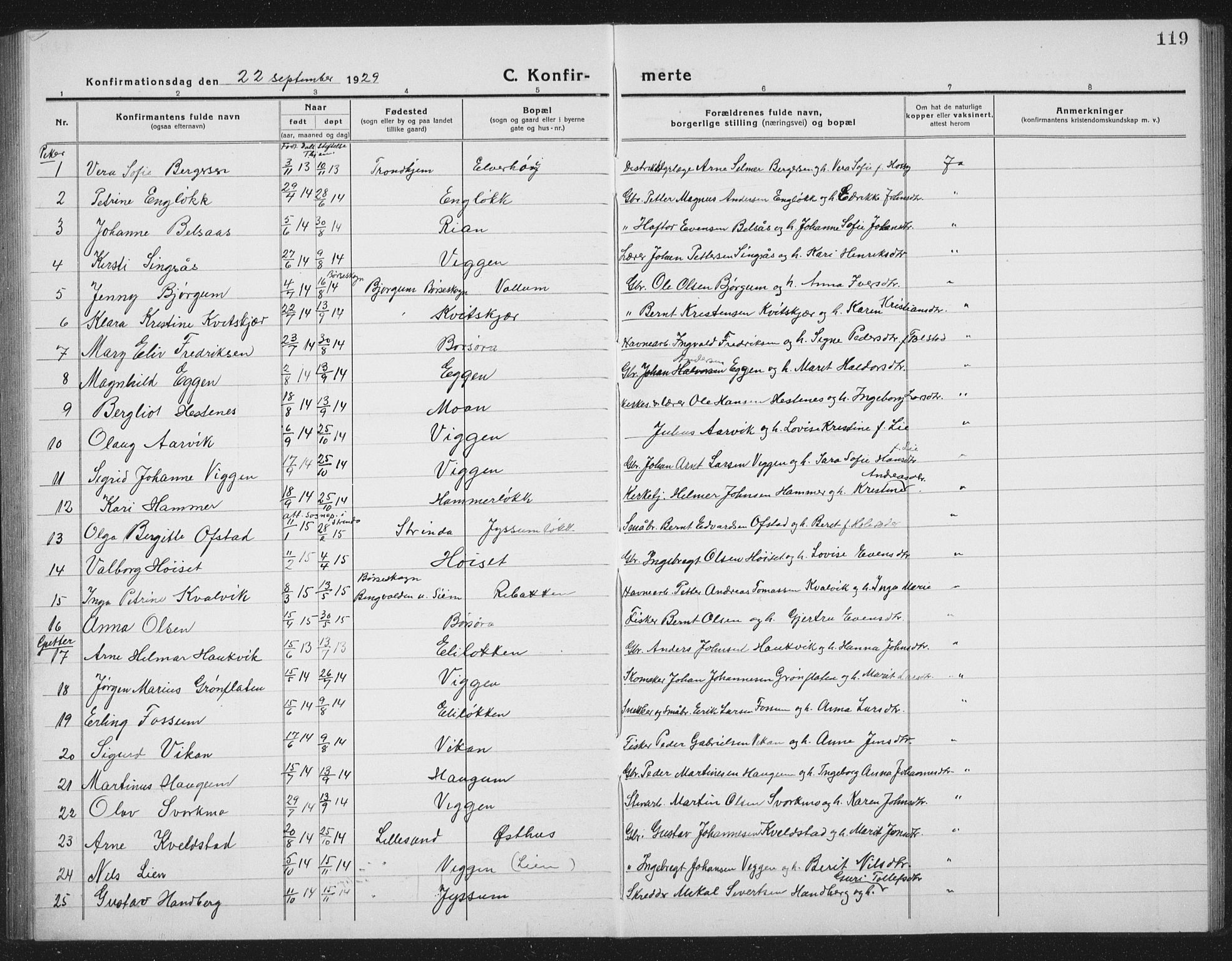 Ministerialprotokoller, klokkerbøker og fødselsregistre - Sør-Trøndelag, SAT/A-1456/665/L0778: Parish register (copy) no. 665C03, 1916-1938, p. 119