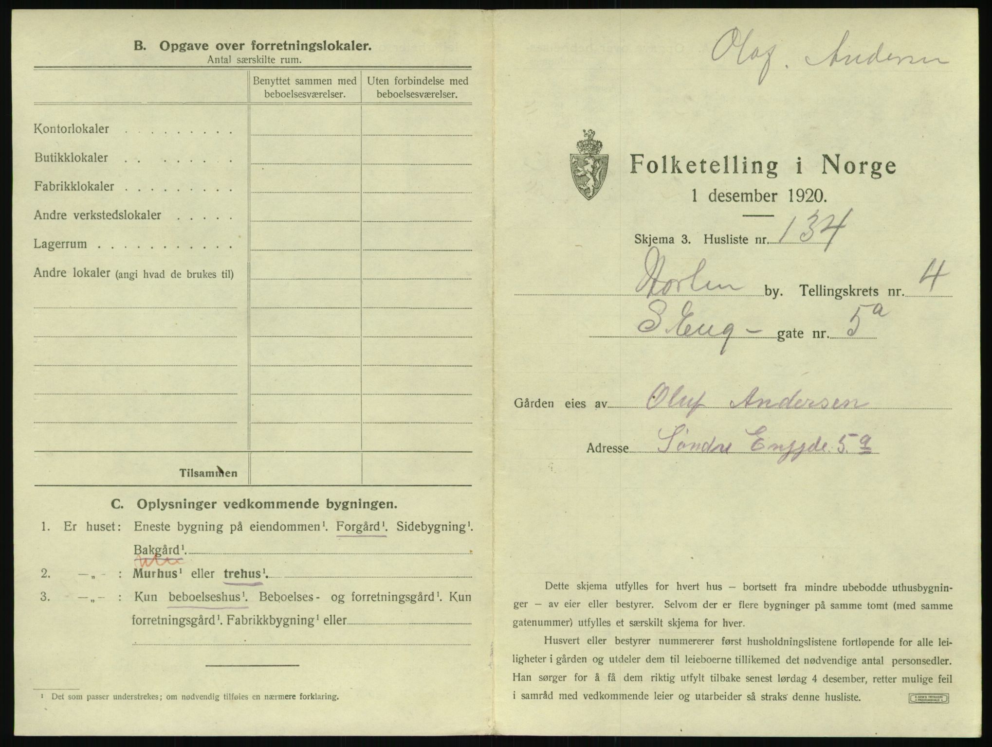 SAKO, 1920 census for Horten, 1920, p. 1487