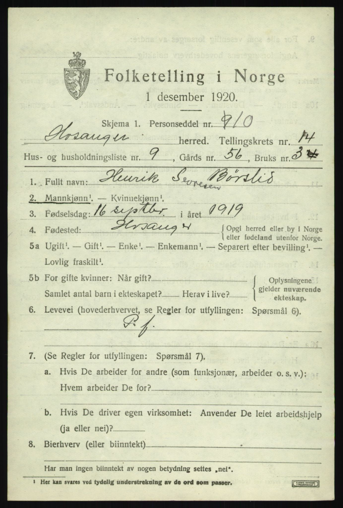 SAB, 1920 census for Hosanger, 1920, p. 5589