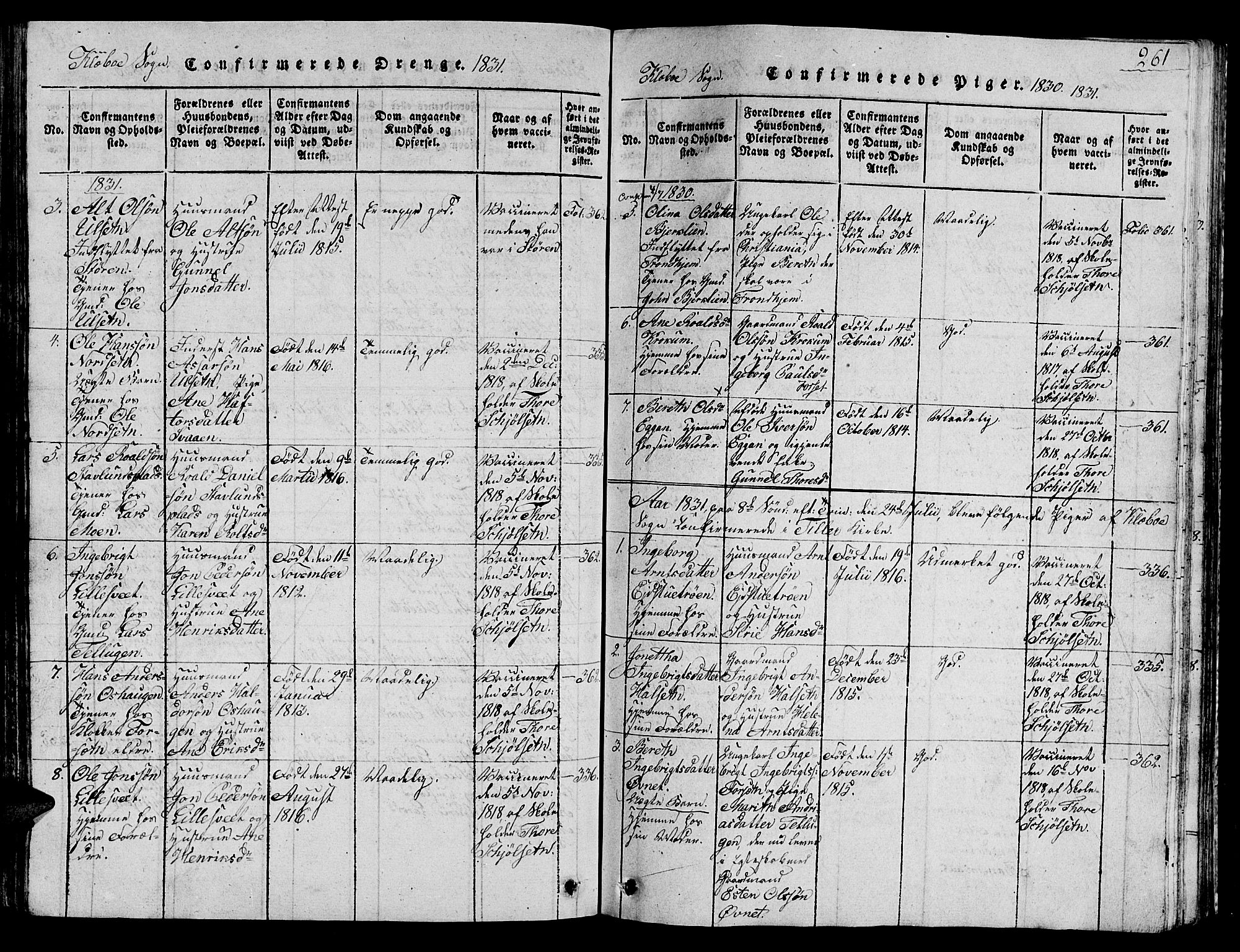 Ministerialprotokoller, klokkerbøker og fødselsregistre - Sør-Trøndelag, SAT/A-1456/618/L0450: Parish register (copy) no. 618C01, 1816-1865, p. 261