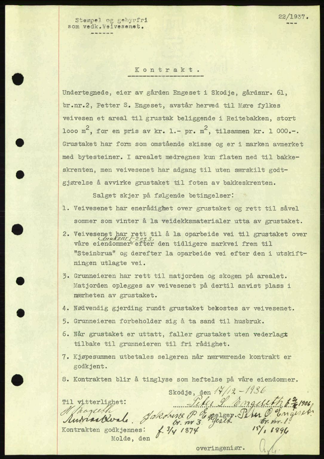 Nordre Sunnmøre sorenskriveri, AV/SAT-A-0006/1/2/2C/2Ca: Mortgage book no. A2, 1936-1937, Diary no: : 22/1937