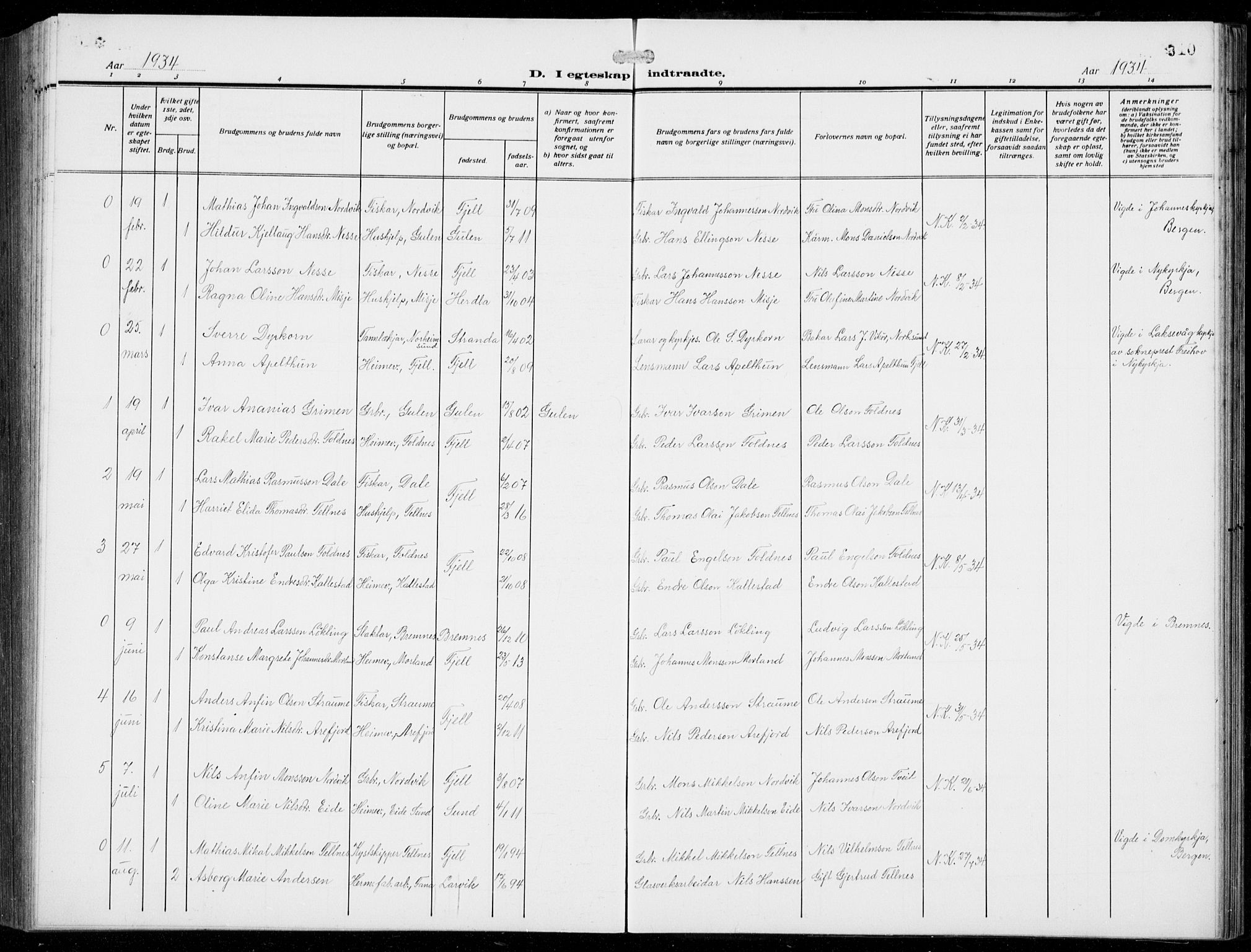 Fjell sokneprestembete, SAB/A-75301/H/Hab: Parish register (copy) no. A  6, 1918-1936, p. 310