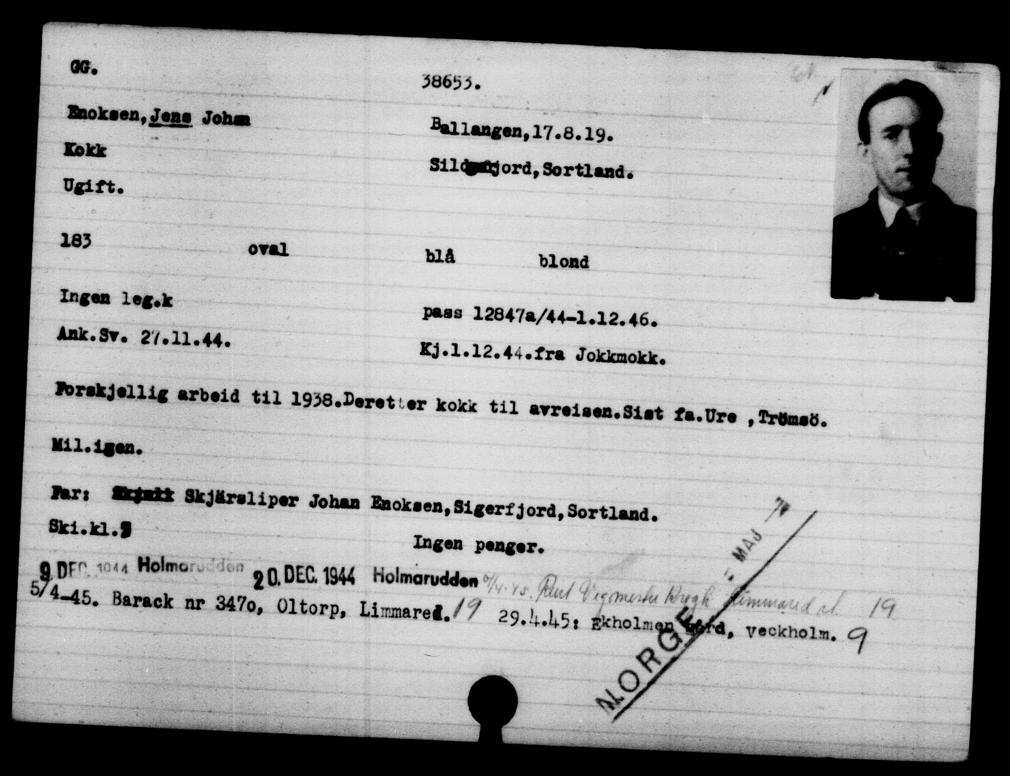 Utenriksstasjonene, Legasjonen i Stockholm, Flyktningkontoret, AV/RA-S-6753/V/Va/L0015: Kjesäterkartoteket, flyktninger med registreringsnr. 37800-40770, 1940-1945, p. 877