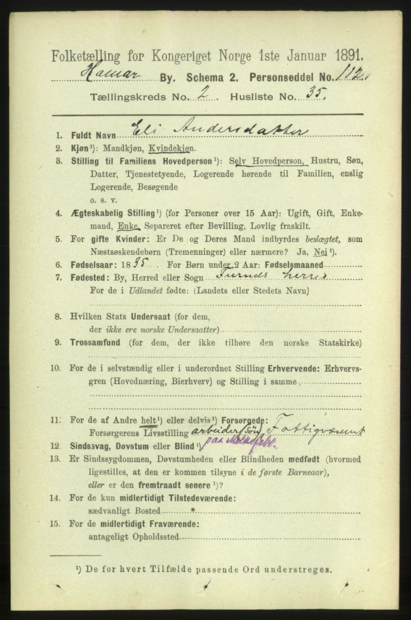 RA, 1891 census for 0401 Hamar, 1891, p. 1577