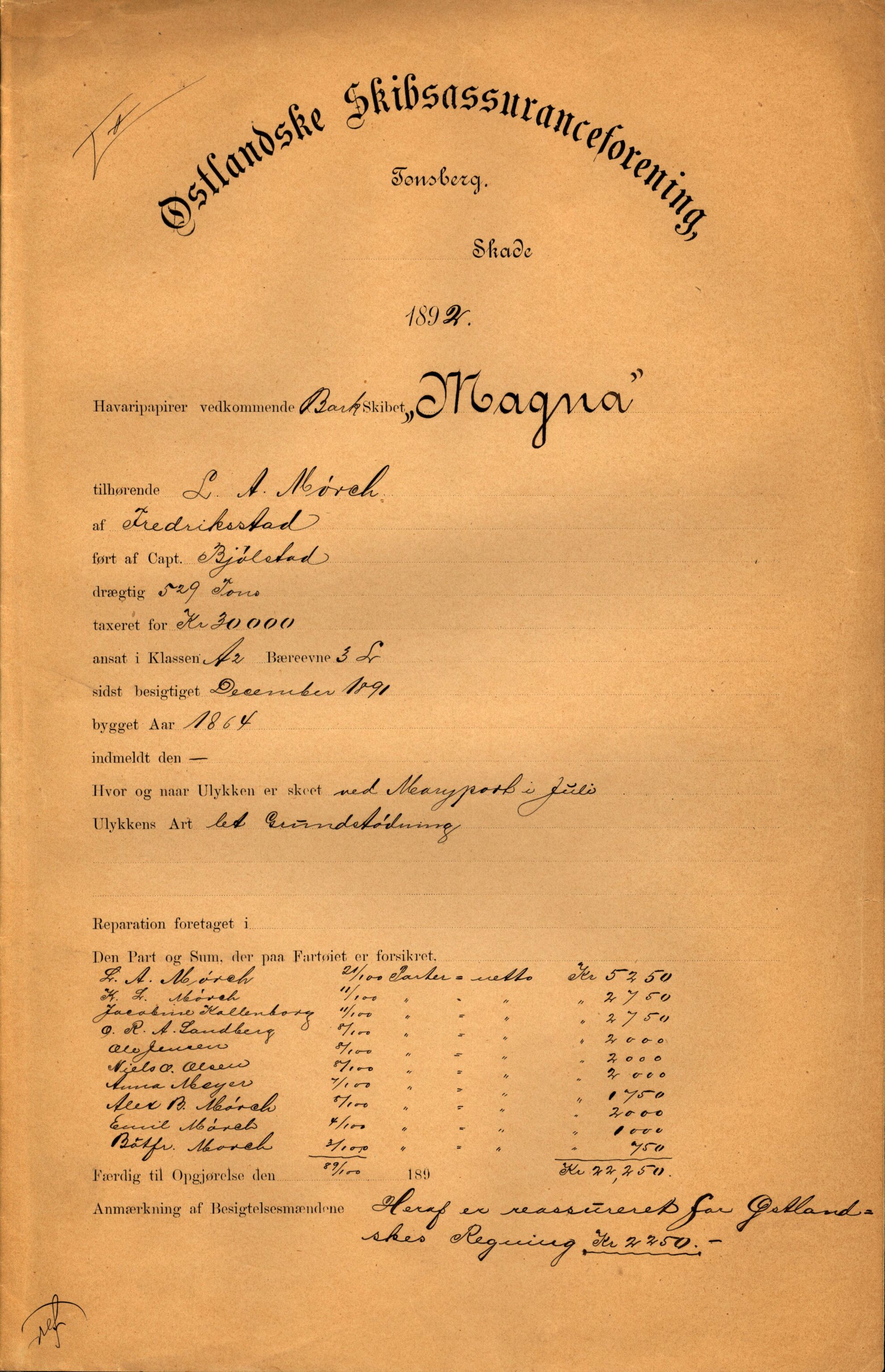 Pa 63 - Østlandske skibsassuranceforening, VEMU/A-1079/G/Ga/L0028/0006: Havaridokumenter / Avenir, Jan Mayn, Freia, Magna, Løvspring, 1892, p. 41
