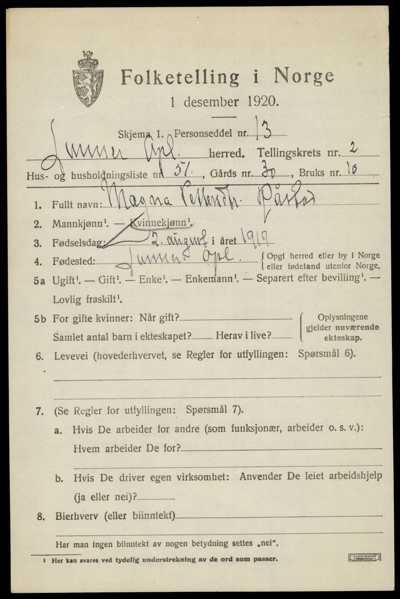 SAH, 1920 census for Lunner, 1920, p. 3567