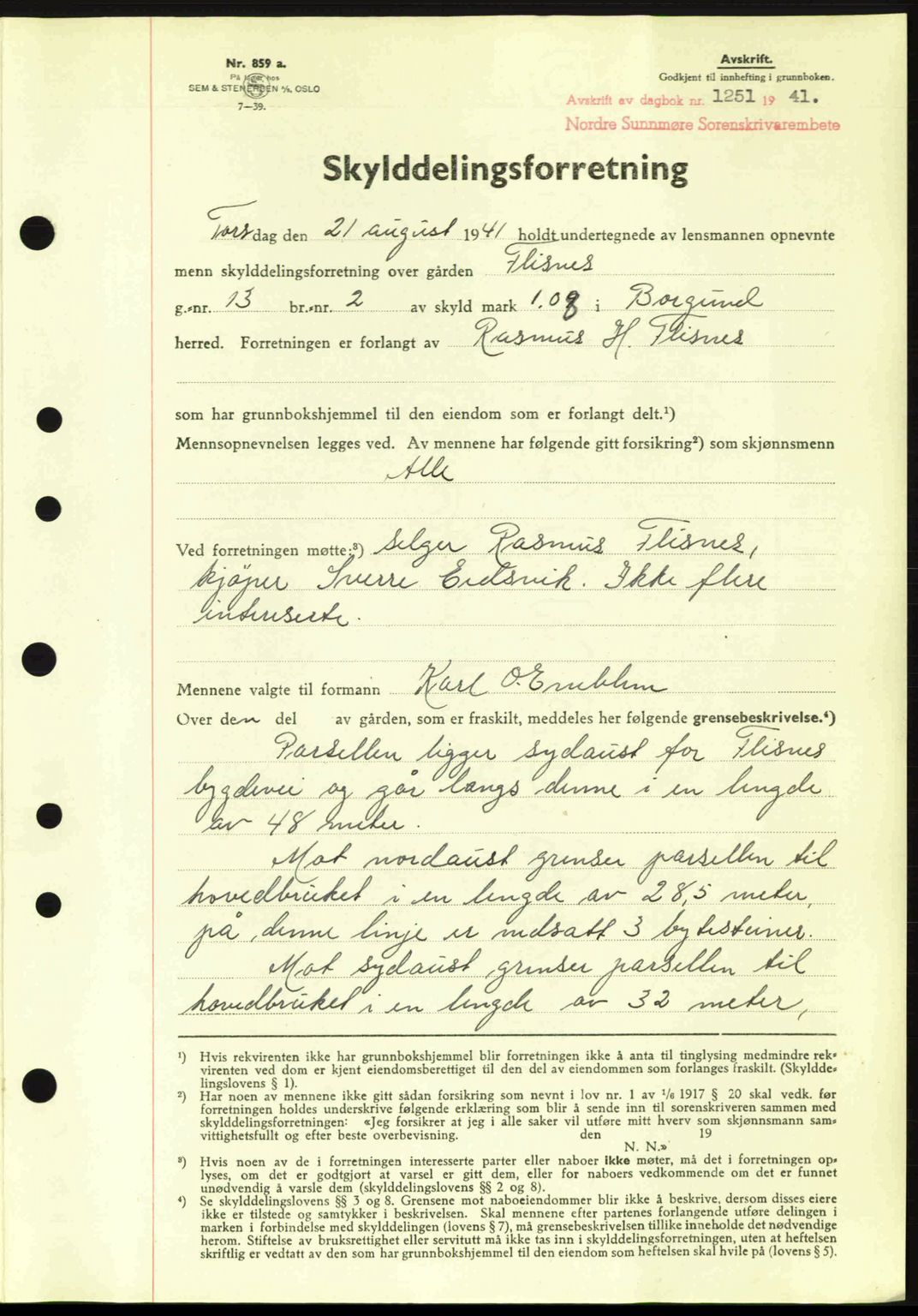 Nordre Sunnmøre sorenskriveri, SAT/A-0006/1/2/2C/2Ca: Mortgage book no. A11, 1941-1941, Diary no: : 1251/1941
