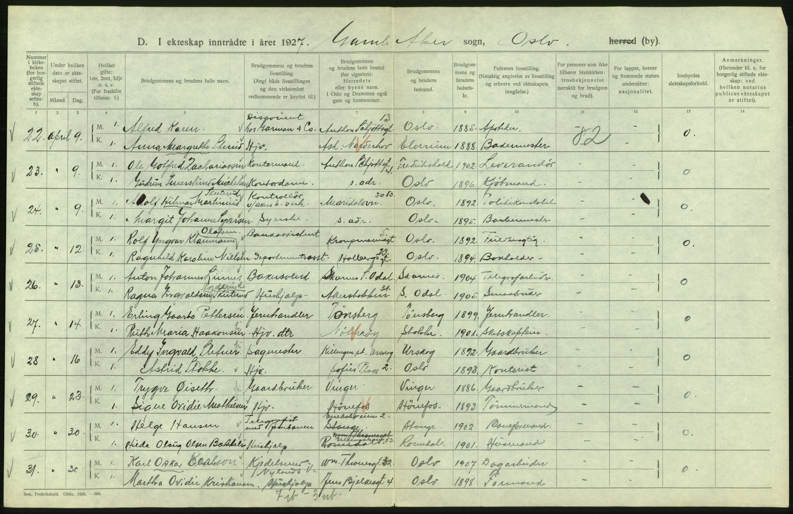 Statistisk sentralbyrå, Sosiodemografiske emner, Befolkning, RA/S-2228/D/Df/Dfc/Dfcg/L0008: Oslo: Gifte, 1927, p. 282