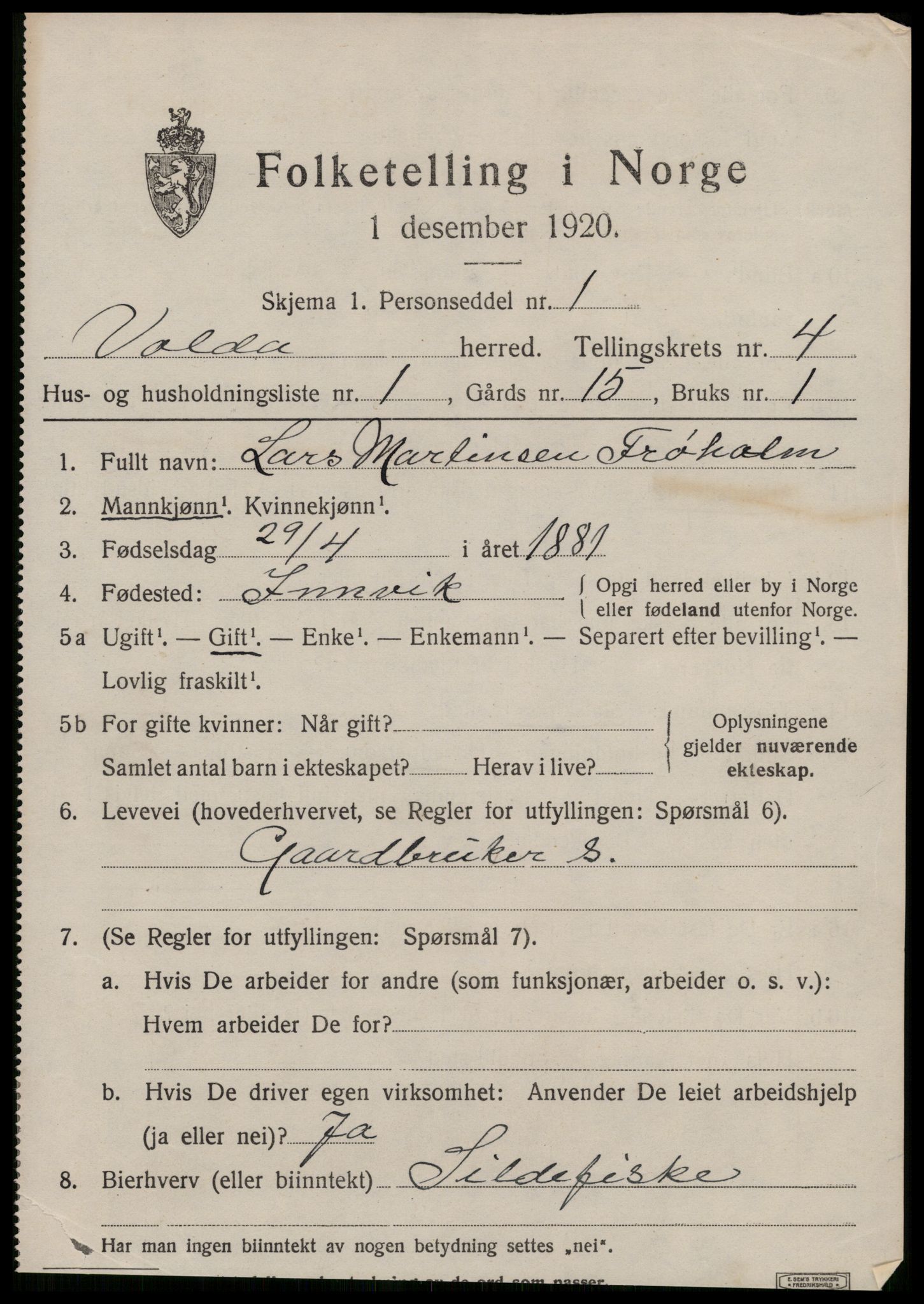 SAT, 1920 census for Volda, 1920, p. 2904