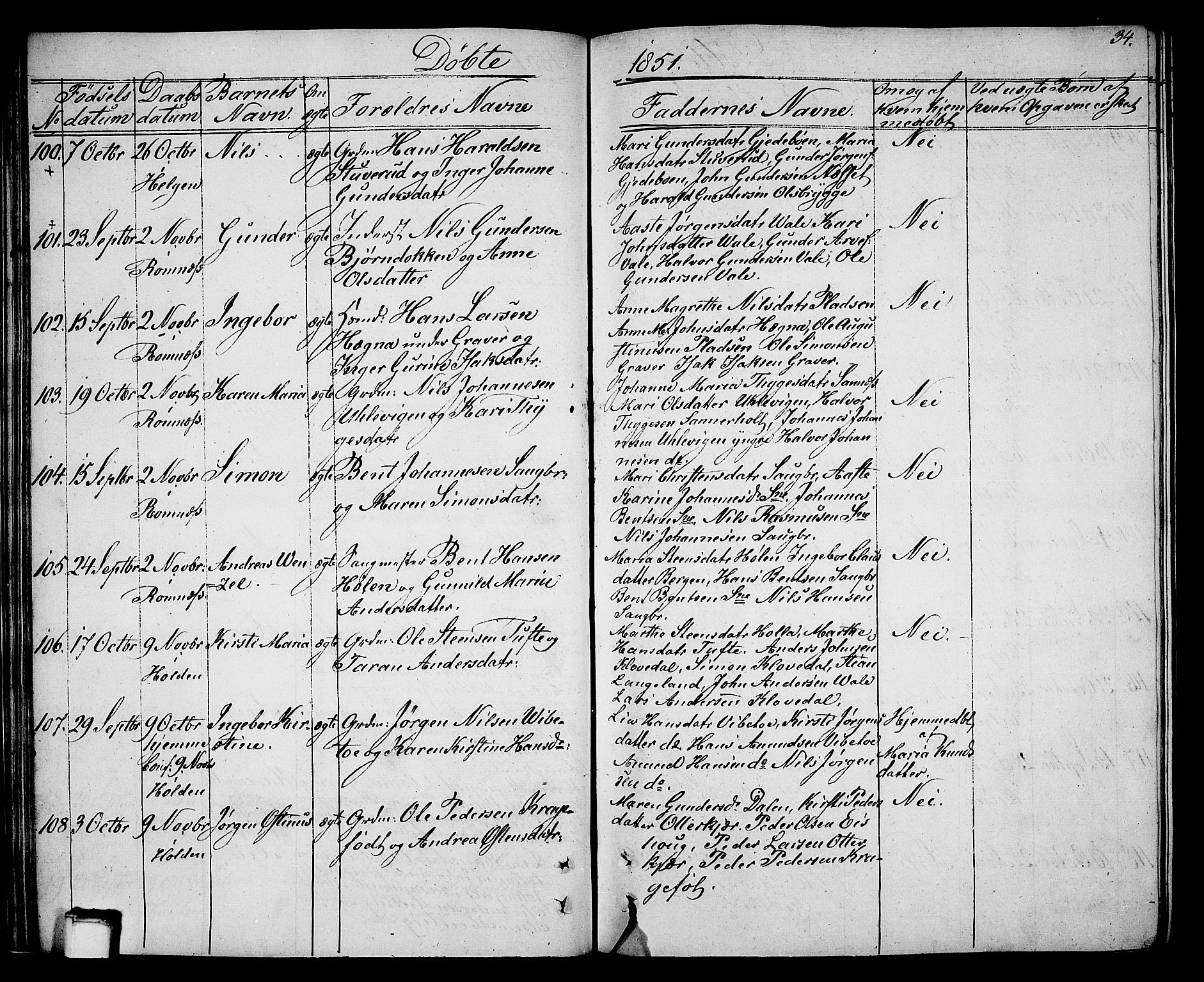 Holla kirkebøker, AV/SAKO-A-272/G/Ga/L0003: Parish register (copy) no. I 3, 1849-1866, p. 34