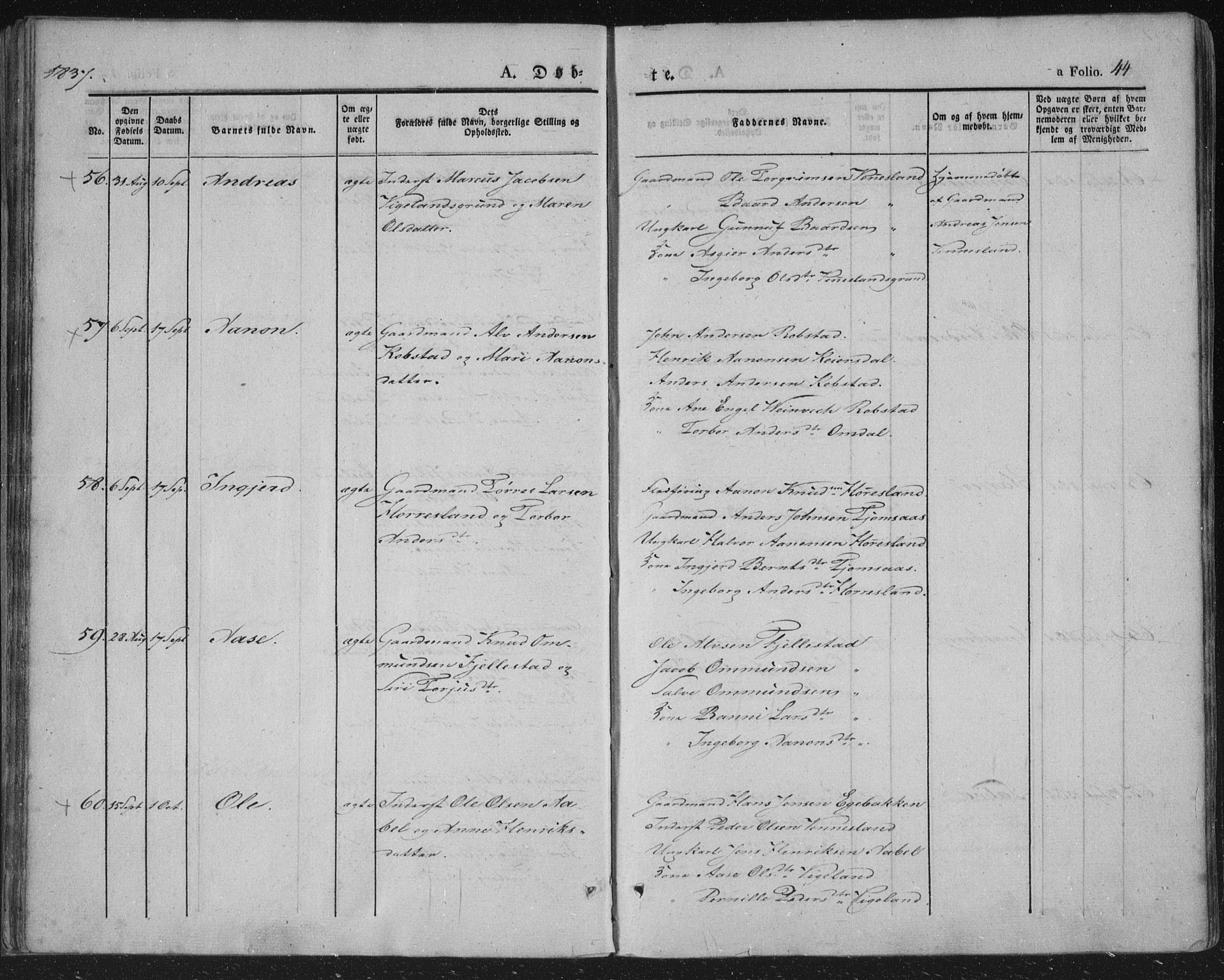 Vennesla sokneprestkontor, AV/SAK-1111-0045/Fa/Fac/L0004: Parish register (official) no. A 4, 1834-1855, p. 44