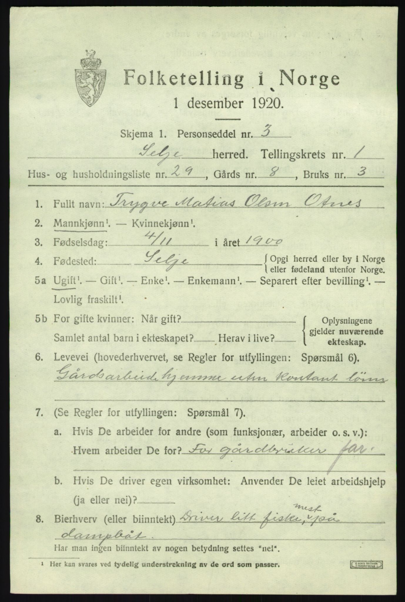 SAB, 1920 census for Selje, 1920, p. 1525