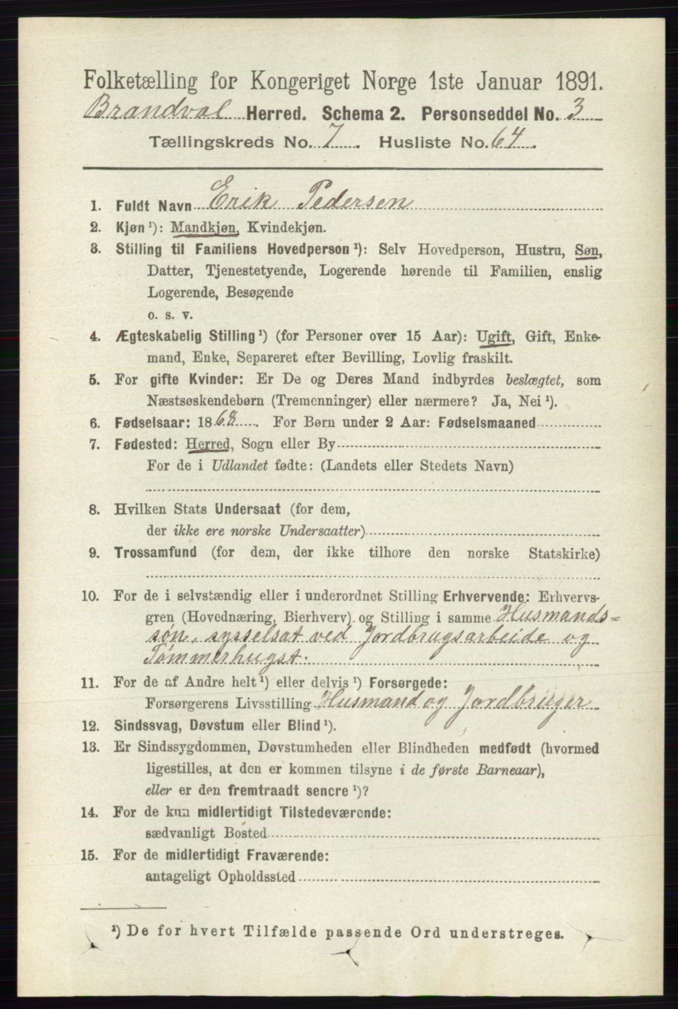 RA, 1891 census for 0422 Brandval, 1891, p. 3742