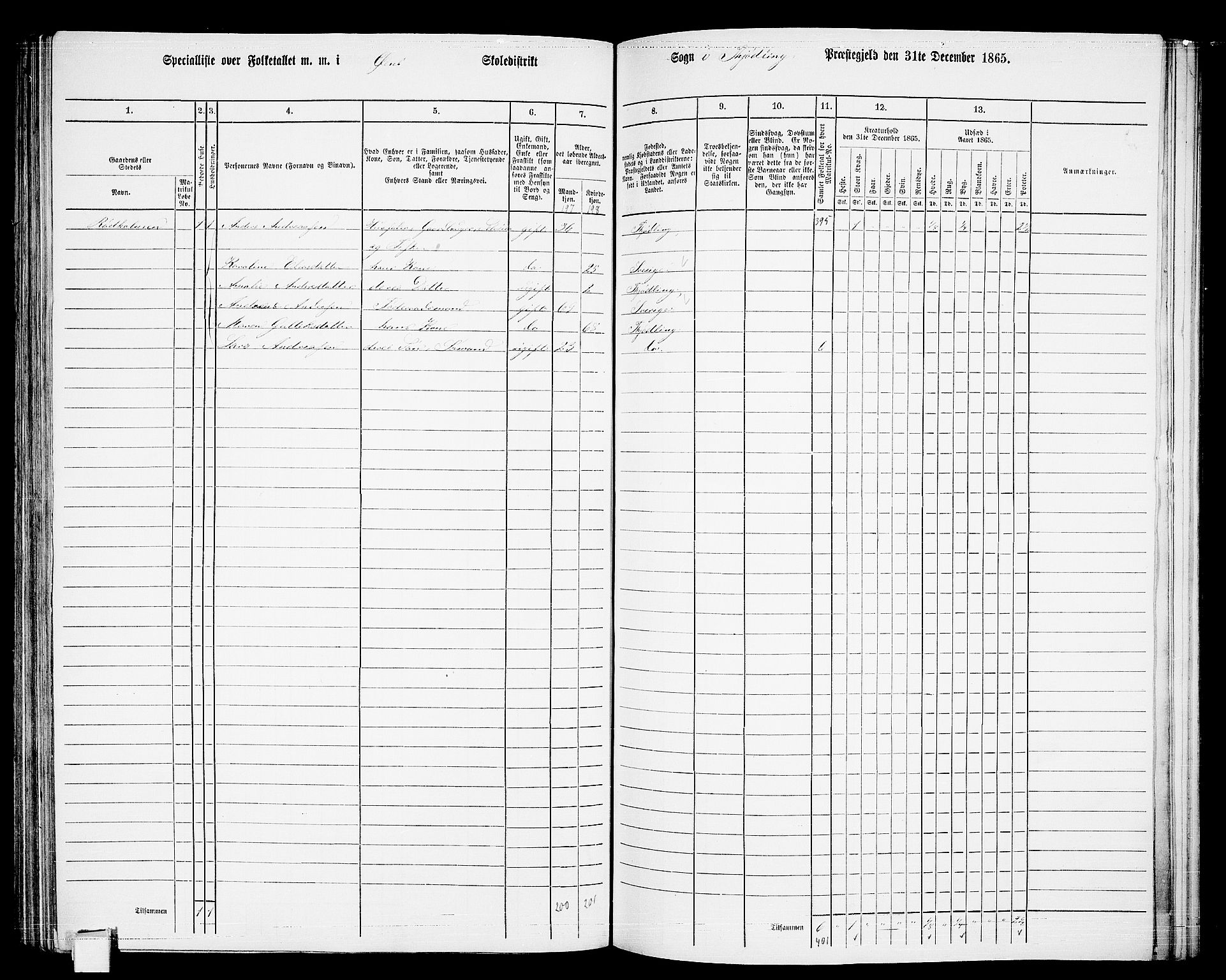 RA, 1865 census for Tjølling, 1865, p. 138