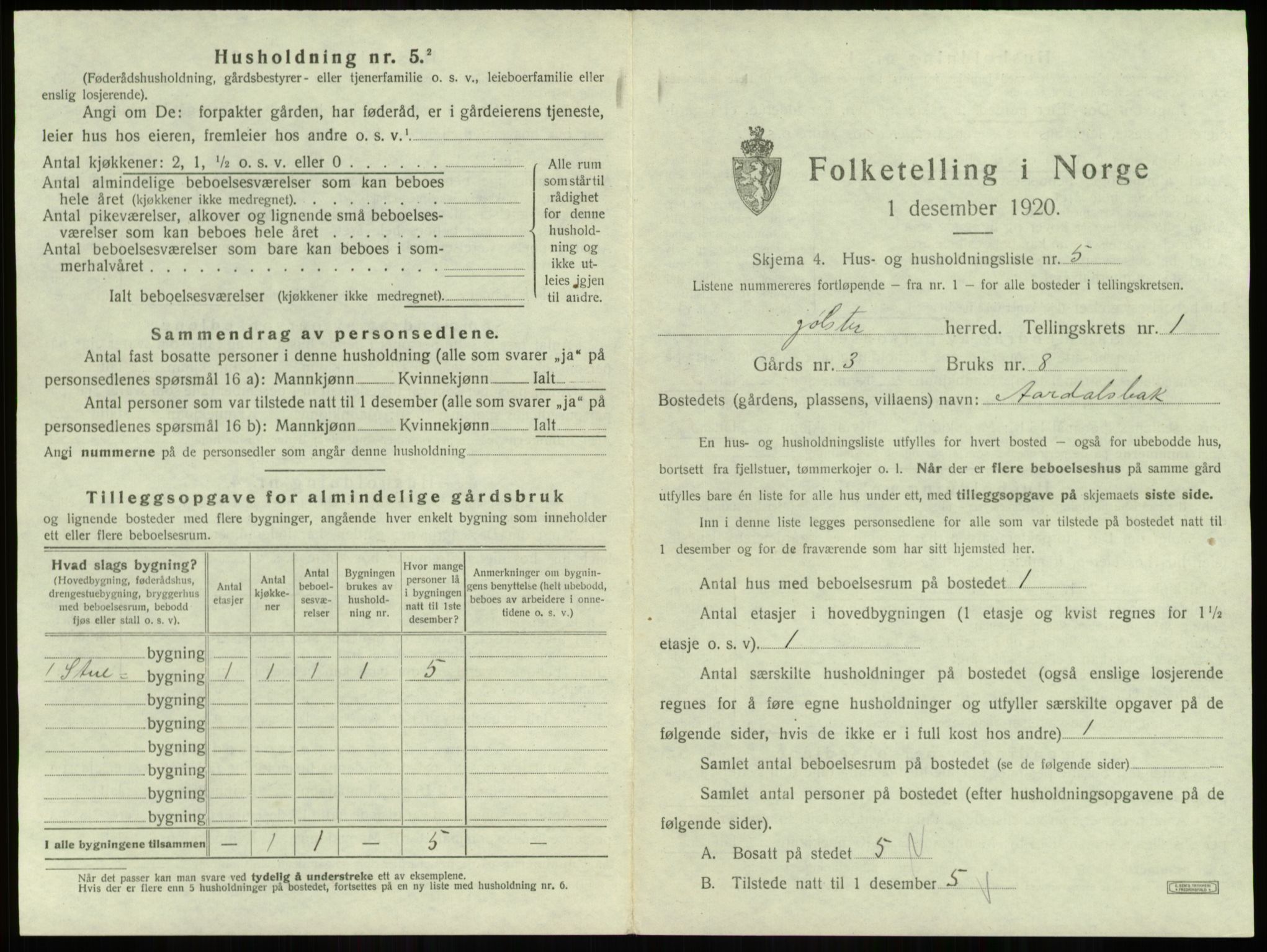 SAB, 1920 census for Jølster, 1920, p. 61