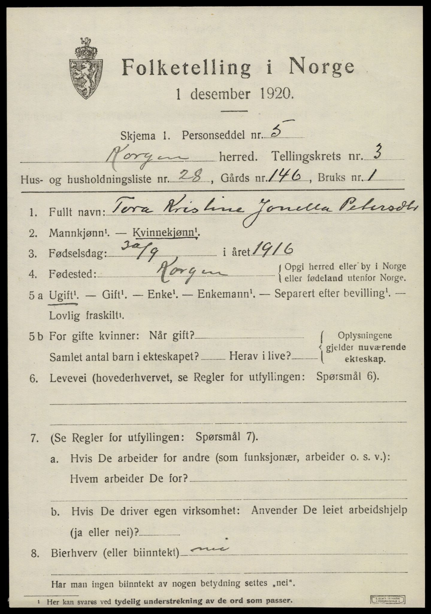 SAT, 1920 census for Korgen, 1920, p. 1736