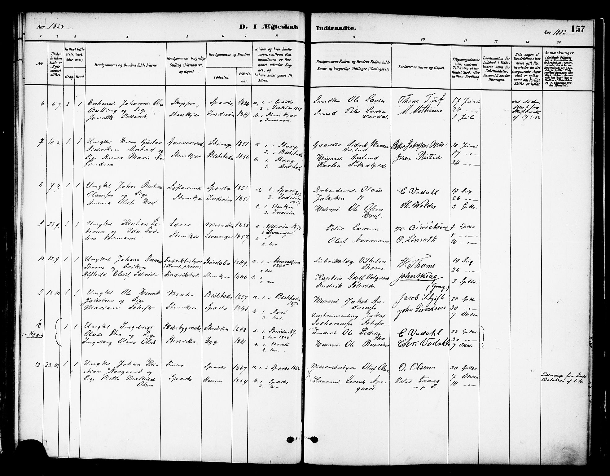 Ministerialprotokoller, klokkerbøker og fødselsregistre - Nord-Trøndelag, SAT/A-1458/739/L0371: Parish register (official) no. 739A03, 1881-1895, p. 157